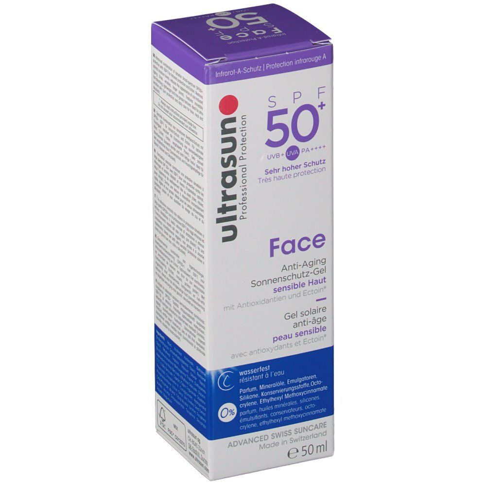 Confezione con testo: Ultrasun Face SPF50+, gel solare anti-età, pelle sensibile. Con antiossidanti ed ectoina.
