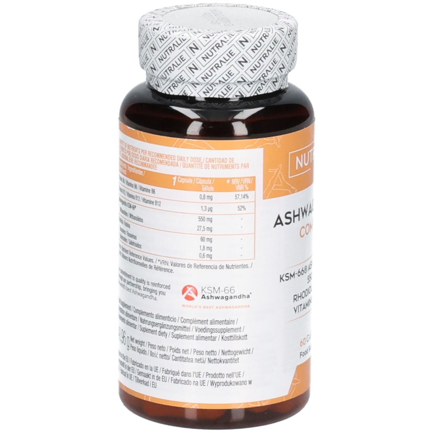 Nutralie Ashwagandha Complex KSM-66: 550 mg Ashwagandha, Rhodiola Rosea, Vitamine B6 & B12. 60 capsule. Vegano.