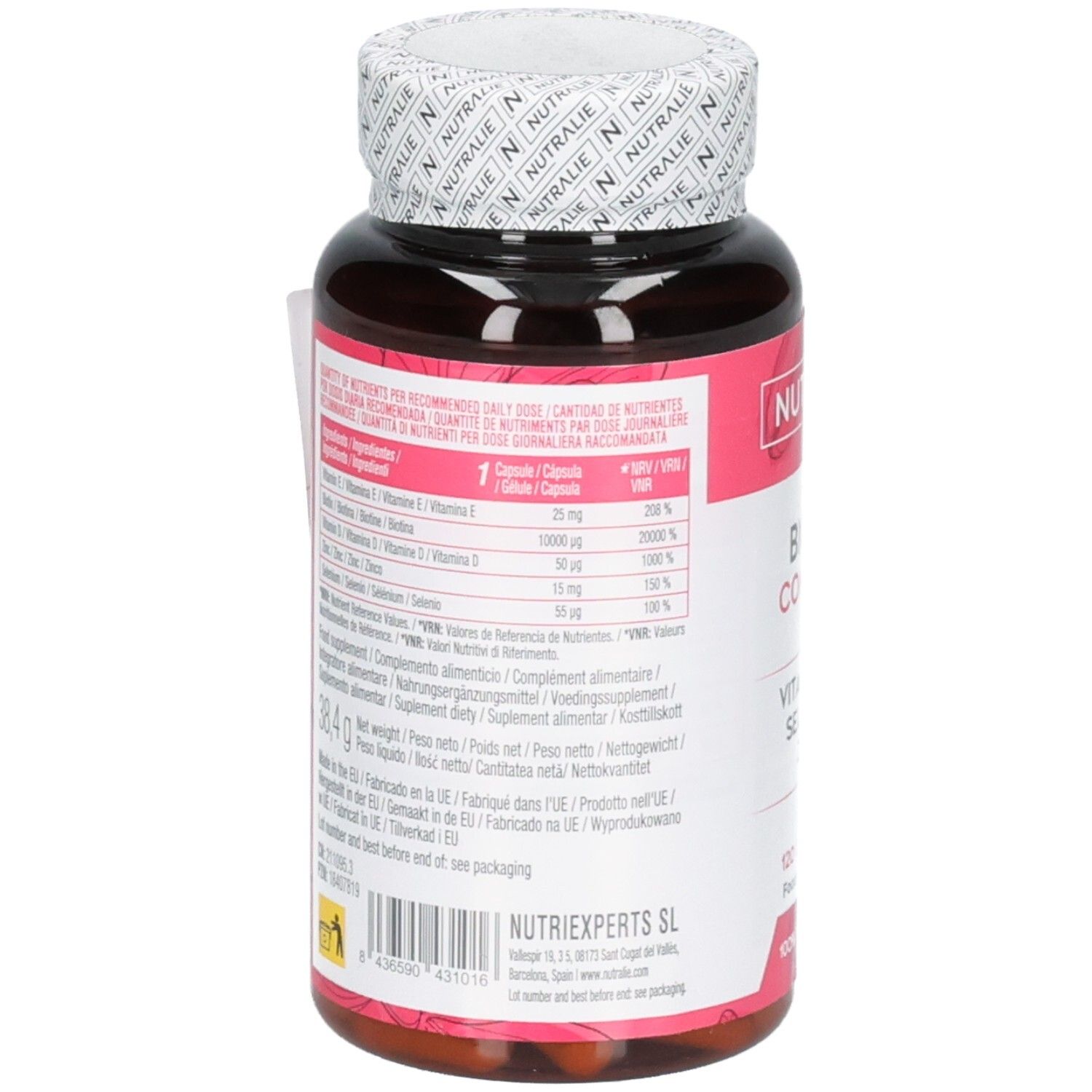 Retro della bottiglia Nutralie Biotin Complex con informazioni nutrizionali e ingredienti.