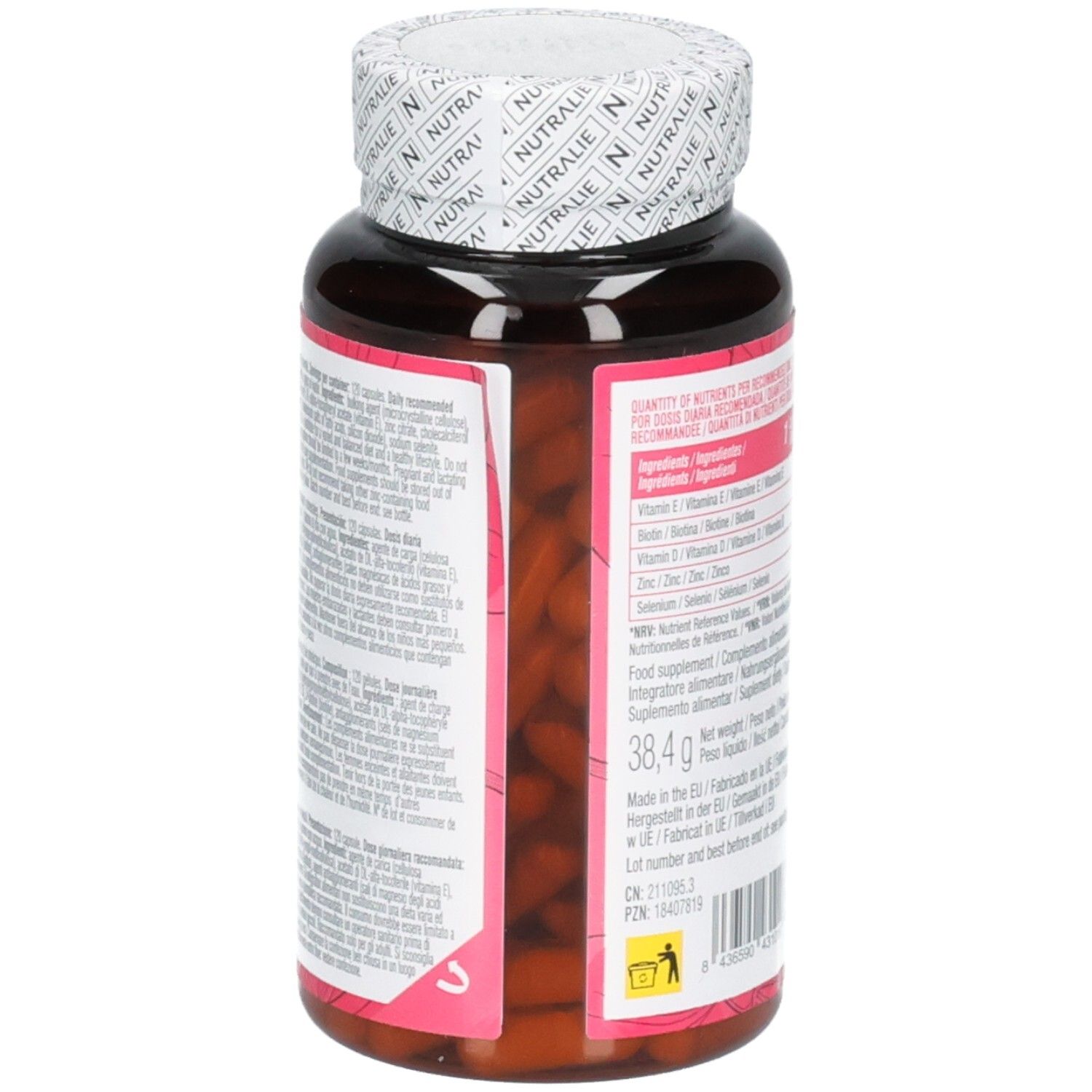Vista laterale del flacone Nutralie Biotin Complex con indicazione di peso 38,4g.