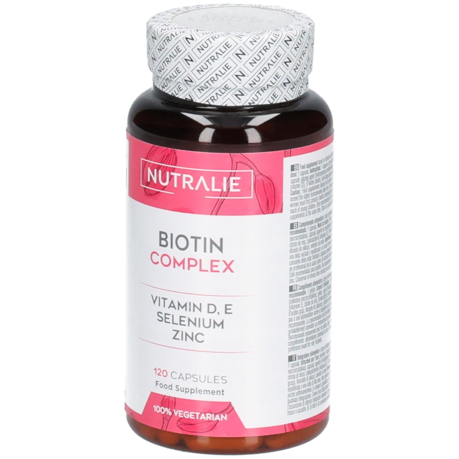 Flacone Nutralie Biotin Complex 120 capsule, Vitamine D, E, Selenio, Zinco. 100% vegetariano.