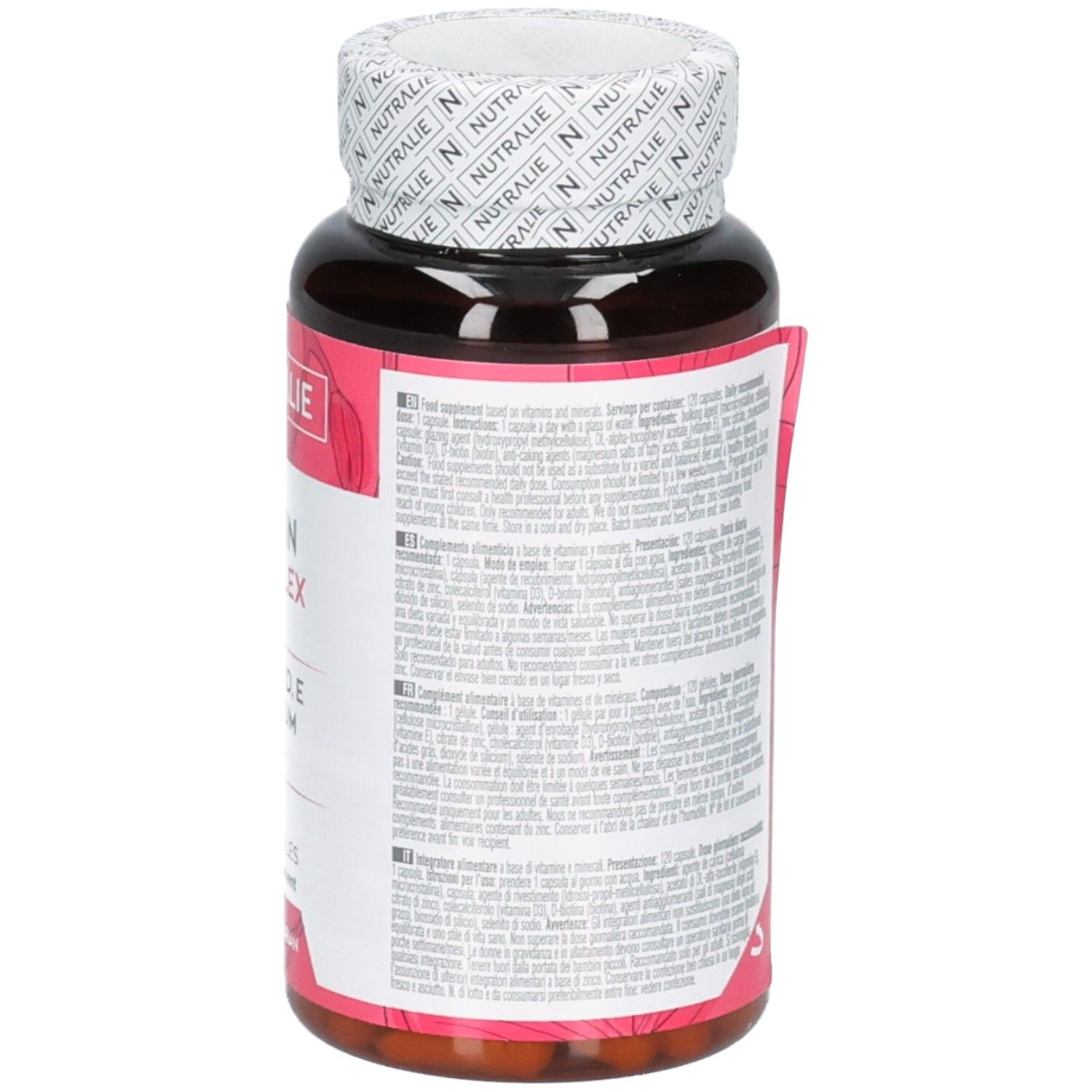 Retro della bottiglia Nutralie Biotin Complex con informazioni dettagliate.