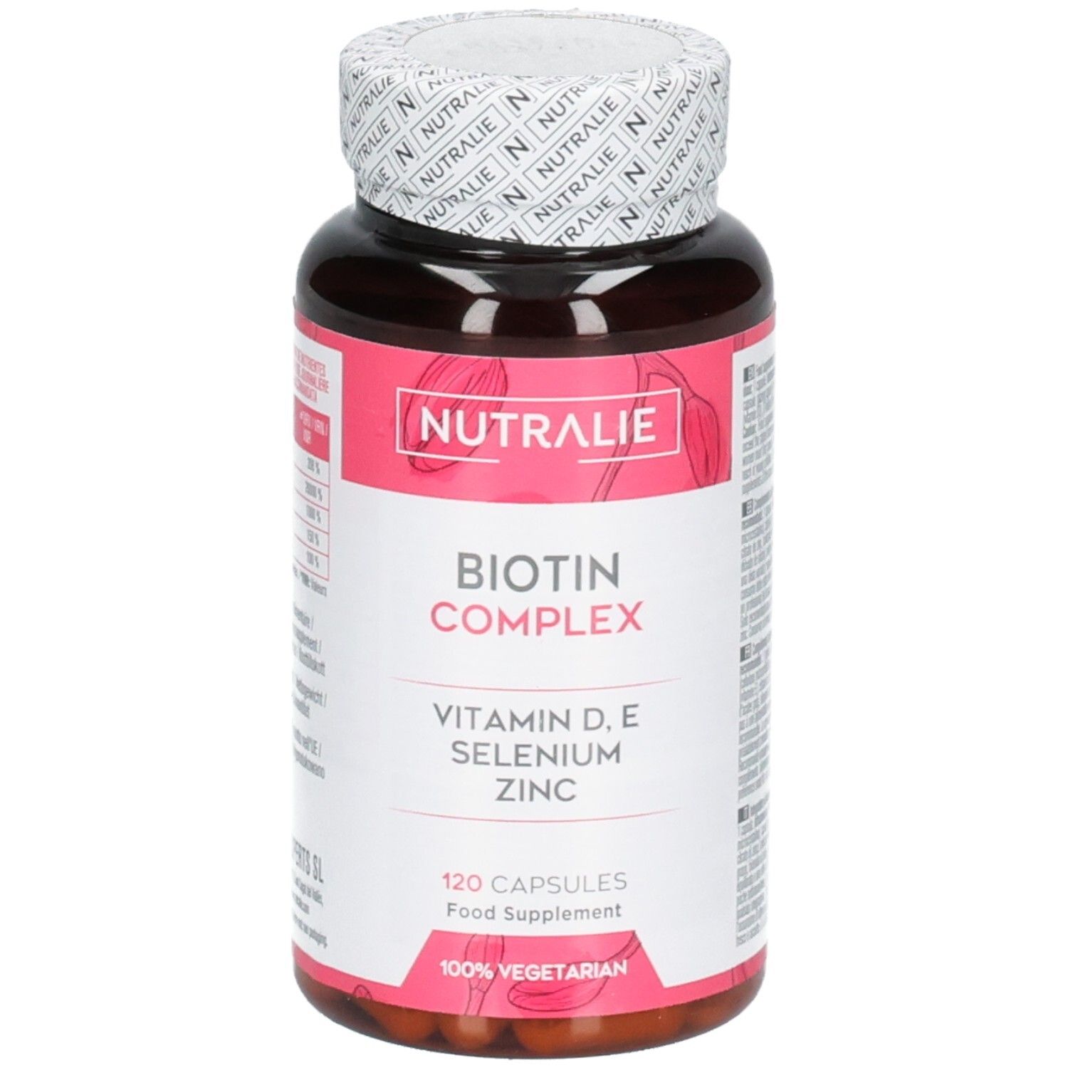 Flacone Nutralie Biotin Complex 120 capsule, Vitamine D, E, Selenio, Zinco. 100% vegetariano.