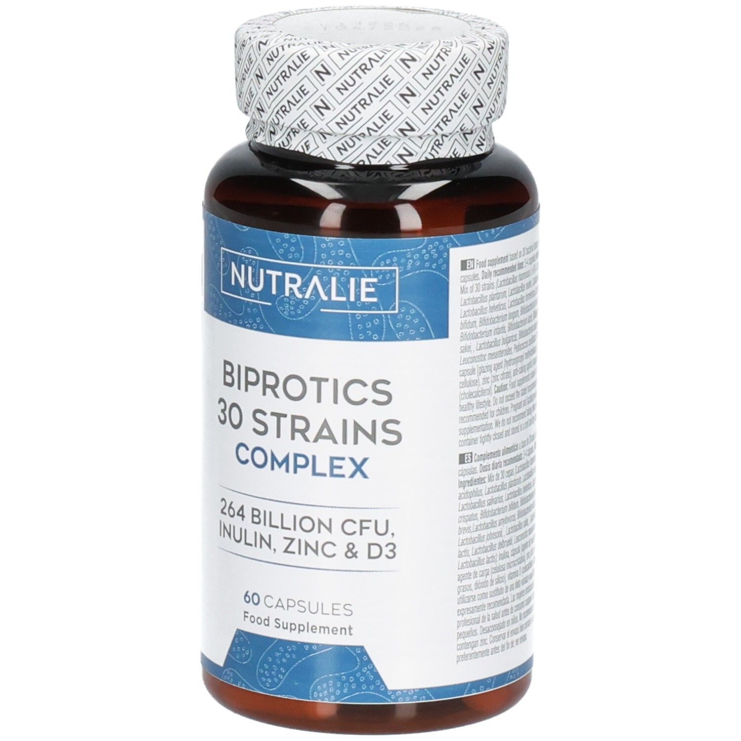 Vista frontale di un contenitore Nutralie Biprotics 30 Strains Complex da 60 capsule, contenente 264 miliardi di CFU.