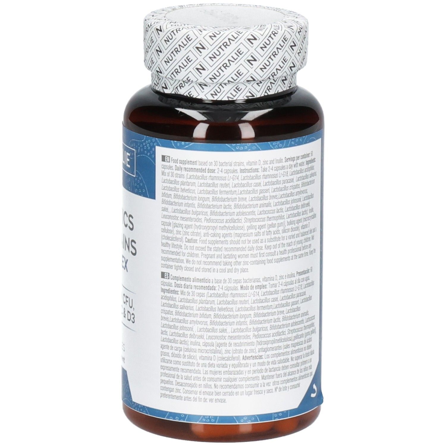Retro di un contenitore Nutralie Biprotics 30 Strains Complex con informazioni dettagliate in più lingue.