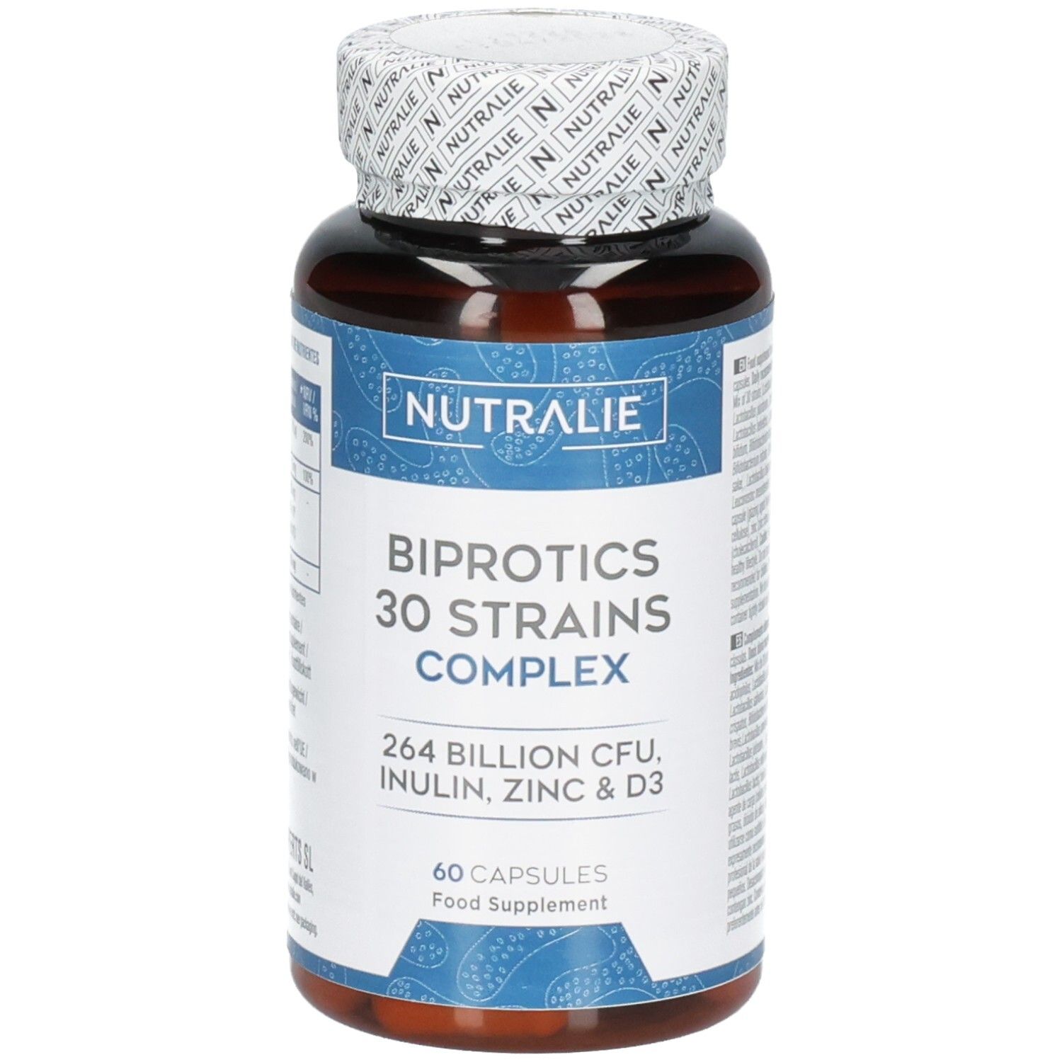 Contenitore Nutralie Biprotics 30 Strains Complex da 60 capsule, 264 miliardi CFU, Inulina, Zinco & D3.