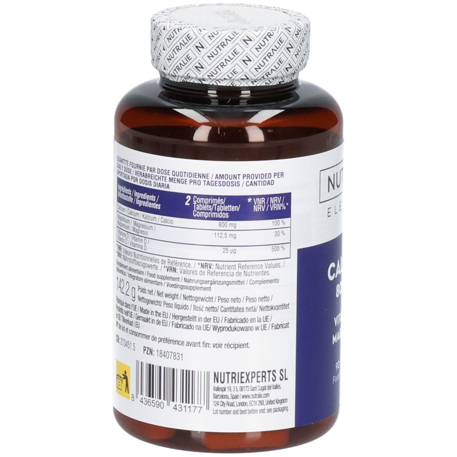 Retro di un flacone Nutralie Calcio 800 mg con informazioni nutrizionali e dosaggio.