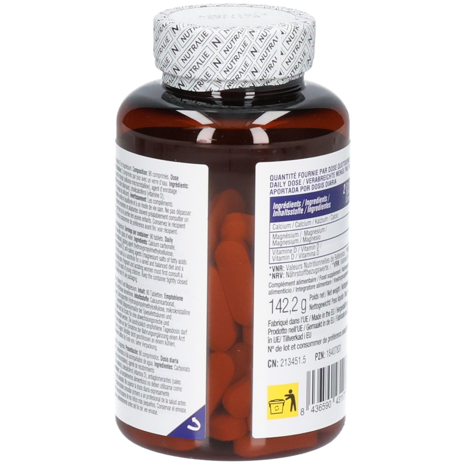 Retro di un flacone Nutralie Calcio 800 mg con elenco dettagliato degli ingredienti e informazioni sul produttore.