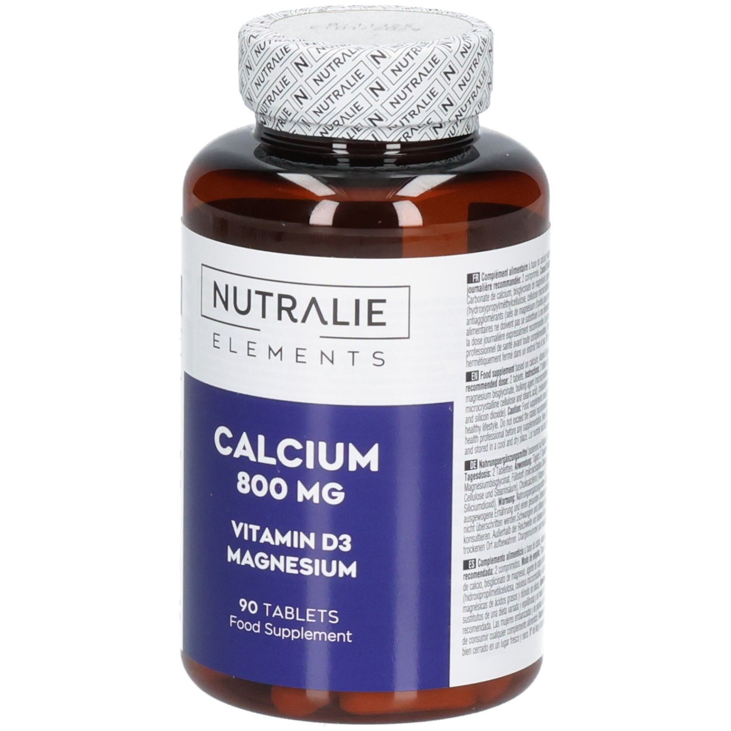 Fronte di un flacone Nutralie Calcio 800 mg con informazioni sulla Vitamina D3 e Magnesio.