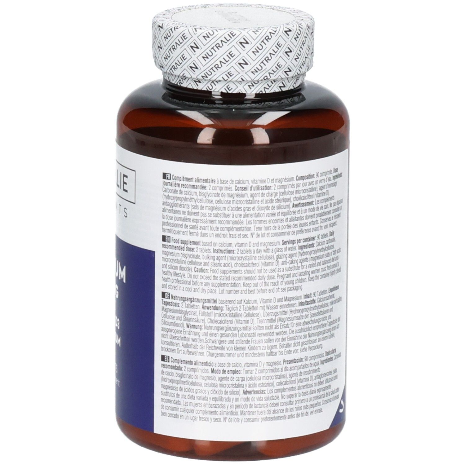 Retro di un flacone Nutralie Calcio 800 mg con istruzioni per l'uso e ingredienti.