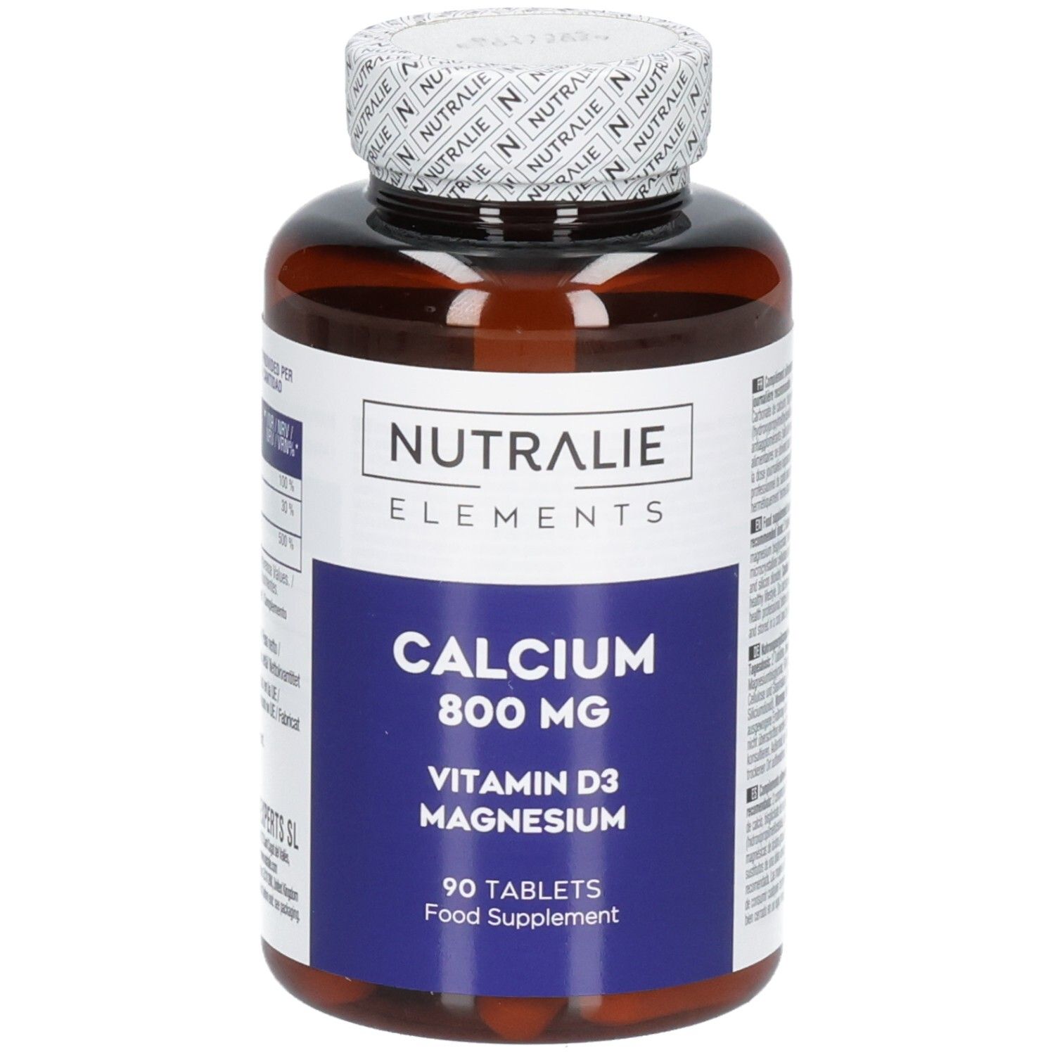 Fronte di un flacone Nutralie Calcio 800 mg, 90 compresse, integratore alimentare.