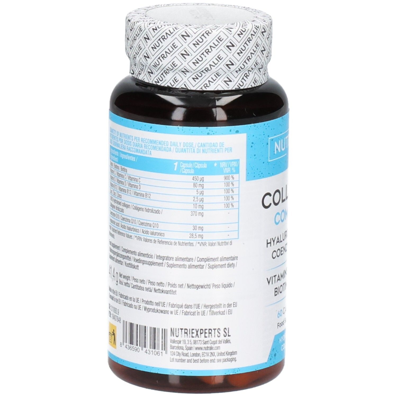 Retro del flacone Nutralie Collagene Complex con informazioni nutrizionali e ingredienti.