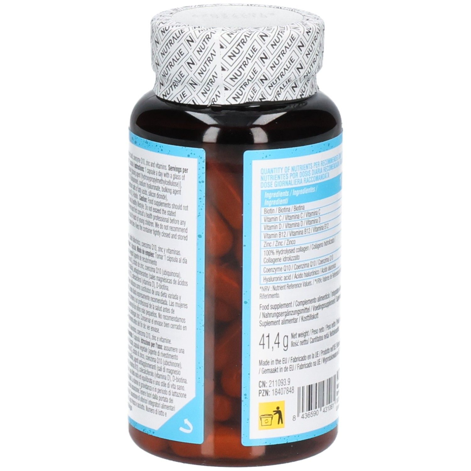 Vista laterale del flacone Nutralie Collagene Complex con informazioni dettagliate sugli ingredienti.