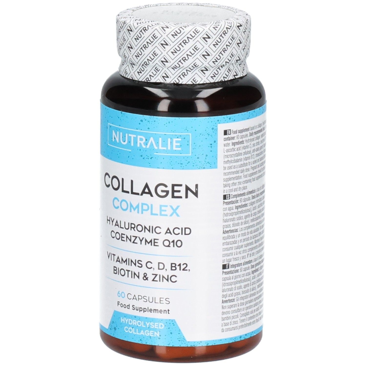 Flacone Nutralie Collagene Complex da 60 capsule, informazioni dettagliate sul prodotto sull'etichetta.