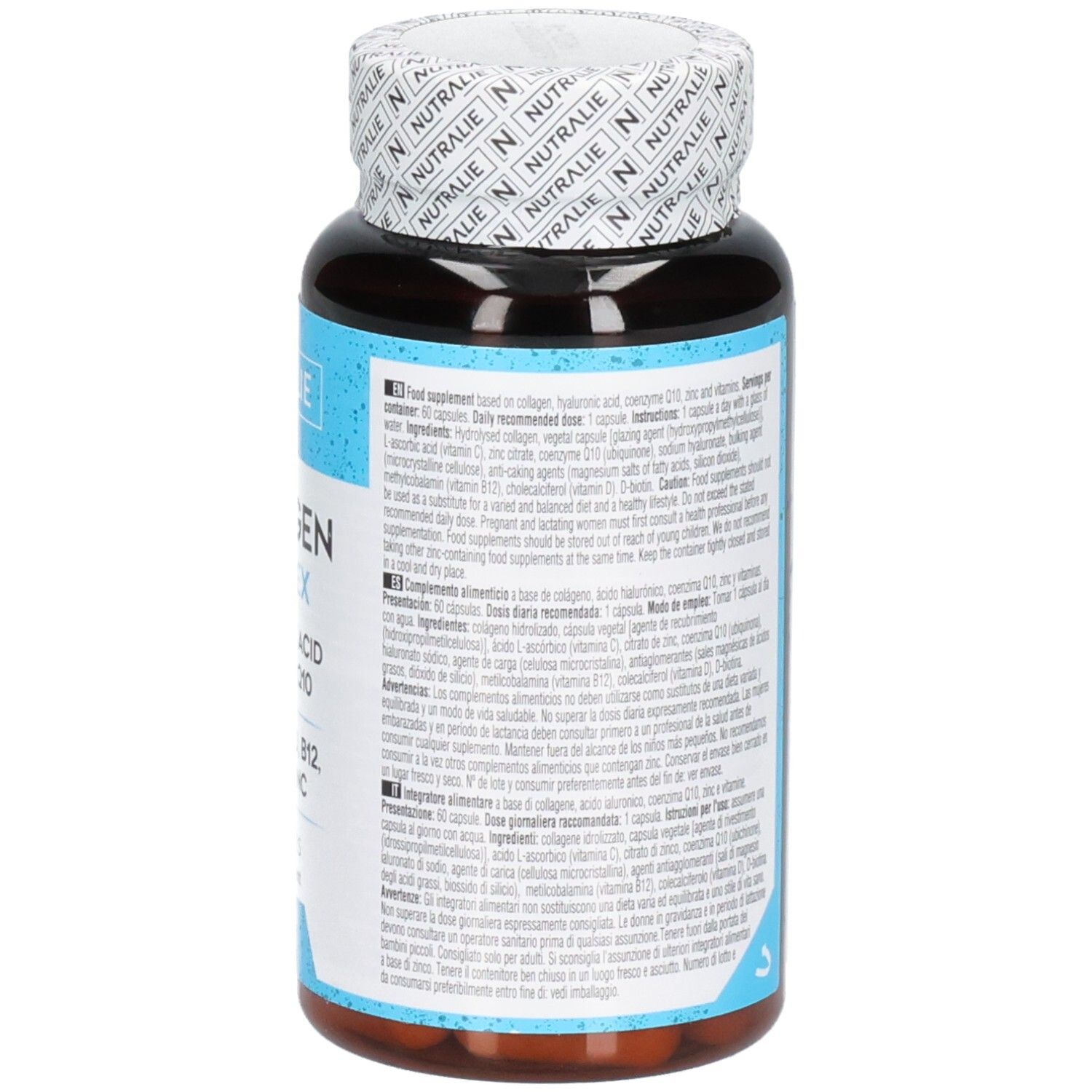 Flacone Nutralie Collagene Complex da 60 capsule, informazioni dettagliate su ingredienti e uso.
