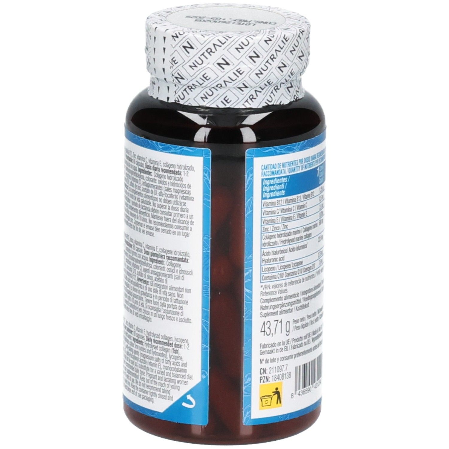 Vista laterale di Nutralie Marine Collagen Complex Capsule con ingredienti.