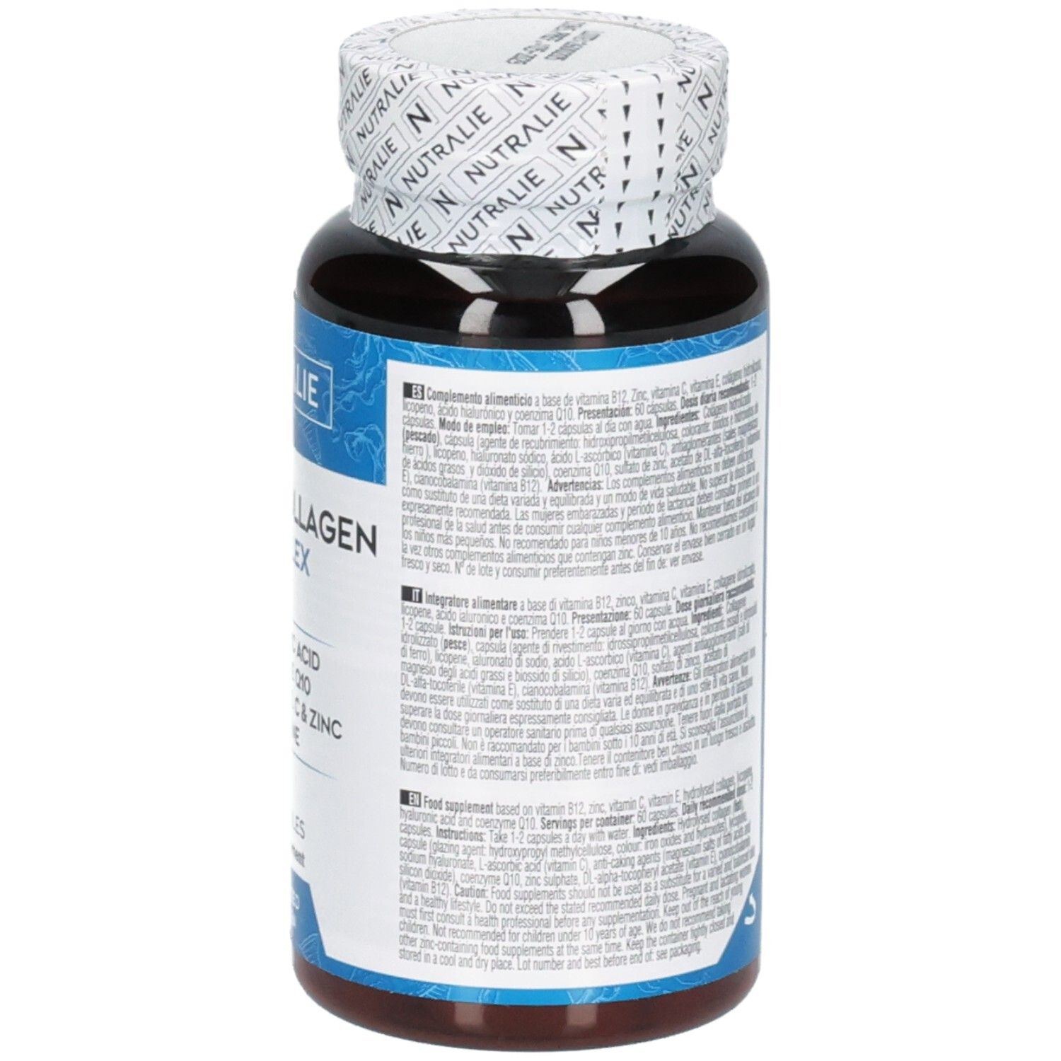 Retro di Nutralie Marine Collagen Complex Capsule con istruzioni per l'uso.