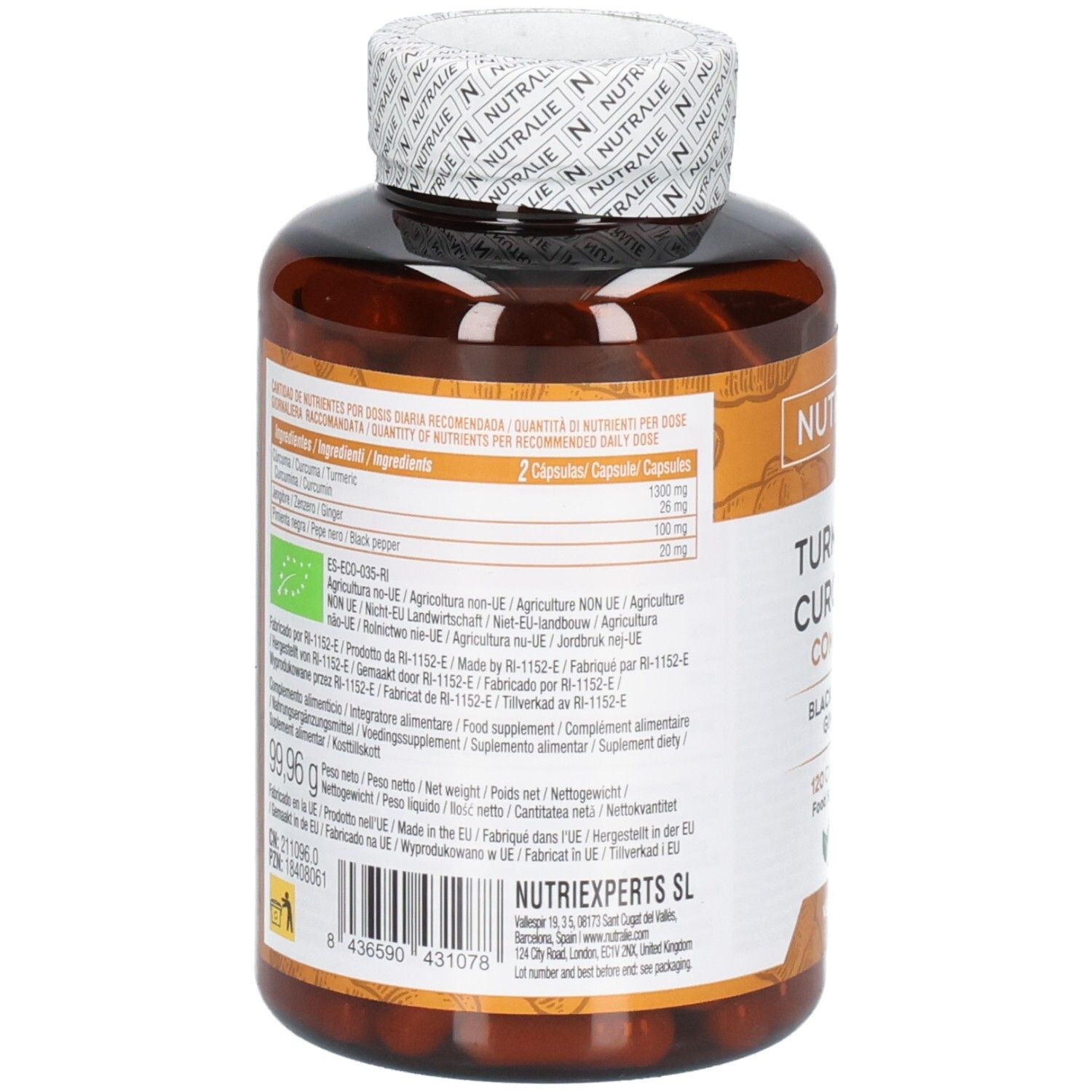 Retro di una bottiglia di Nutralie Curcuma Complex, informazioni nutrizionali.