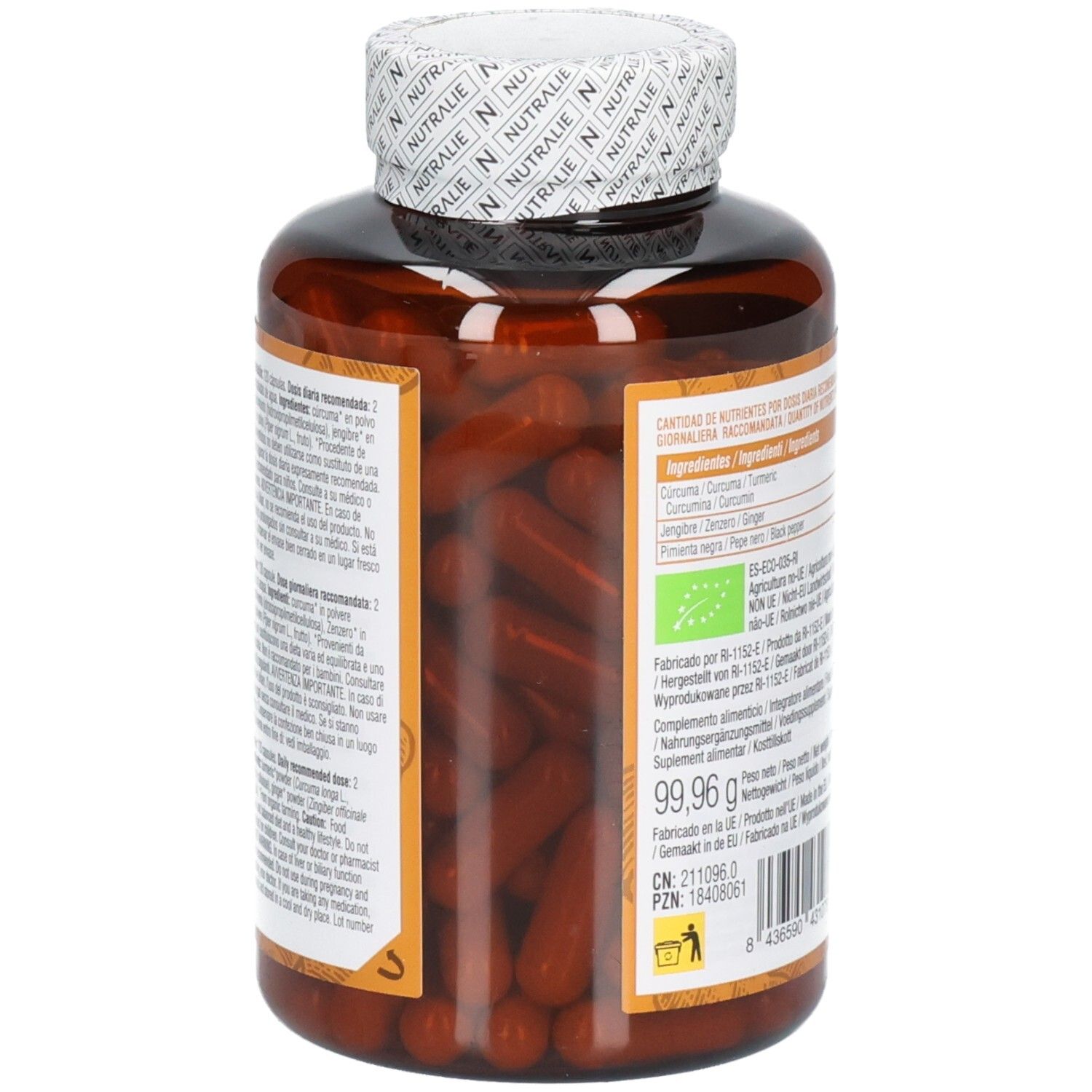 Vista laterale della confezione Nutralie Curcuma Complex, piena di capsule marroni. 120 pezzi.