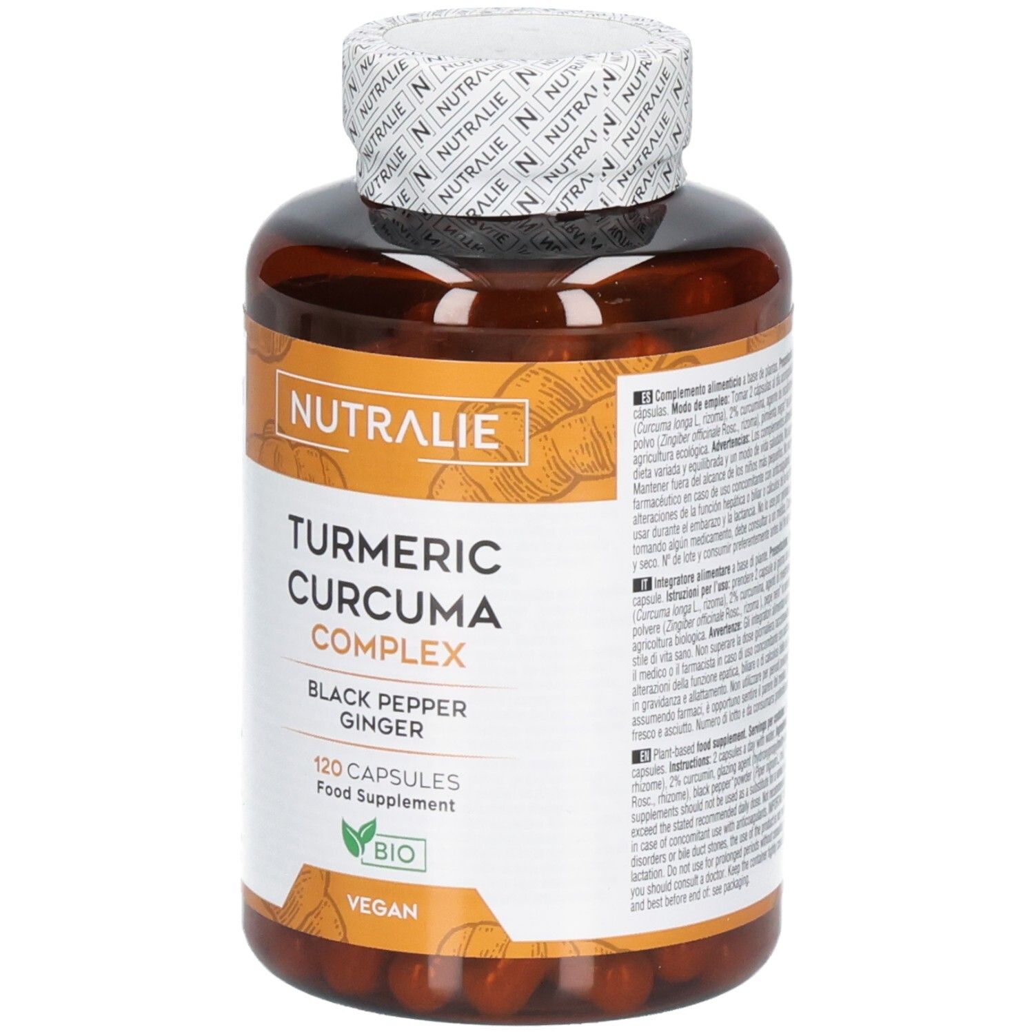 Flacone ambrato con capsule di curcuma, pepe nero e zenzero. 120 capsule.