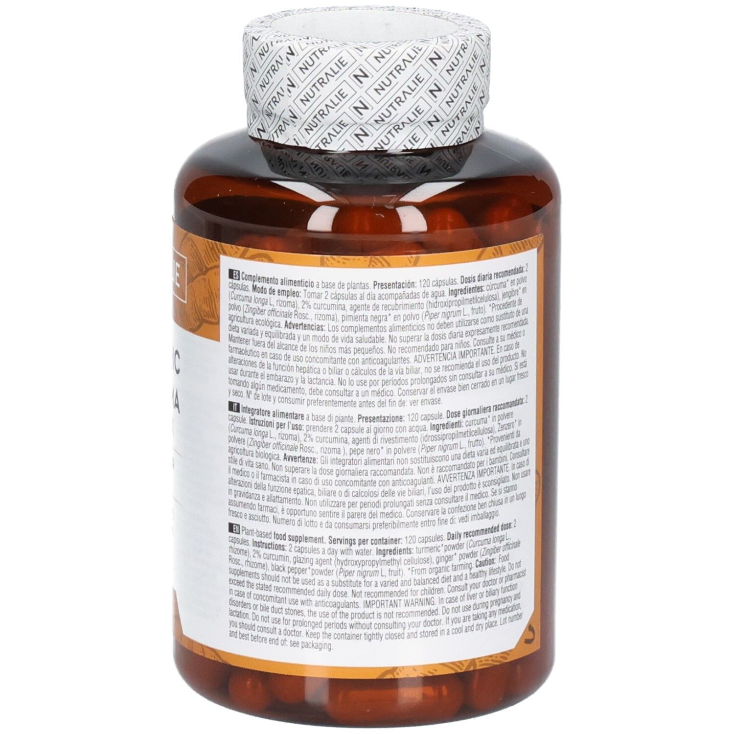 Retro di una bottiglia di Nutralie Curcuma Complex, informazioni nutrizionali.