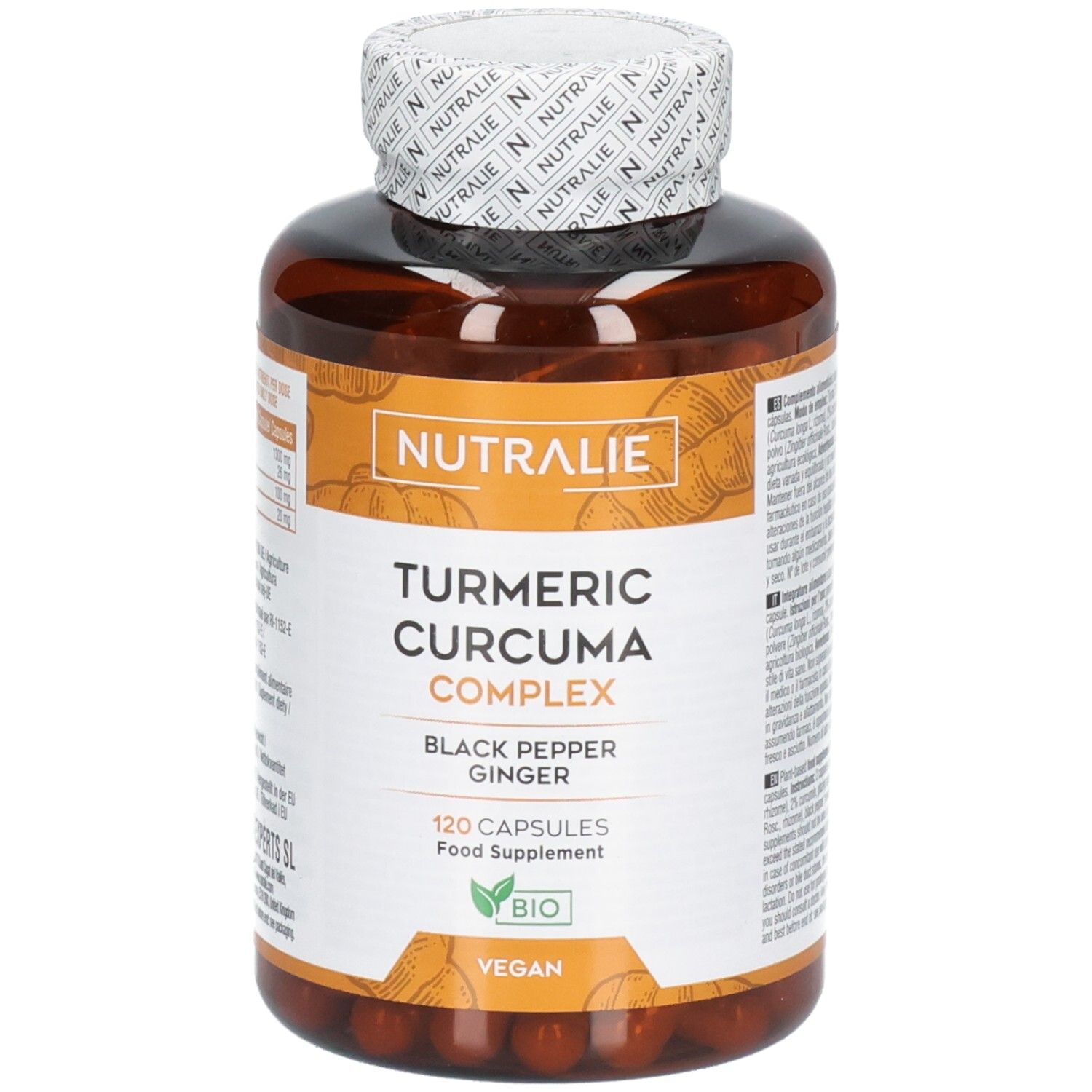 Flacone ambrato con capsule di curcuma, pepe nero e zenzero. 120 capsule.