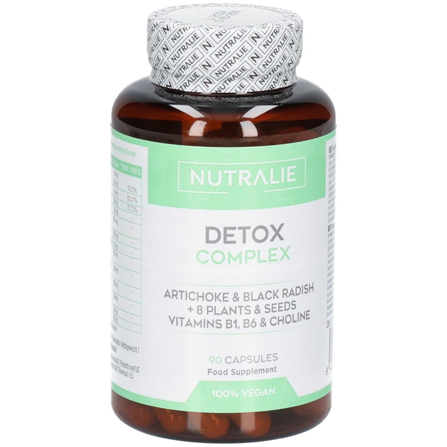 Capsule Nutralie Detox Complex: Flacone marrone da 90 capsule vegane. Carciofo, rafano nero, vitamine B1, B6, colina.