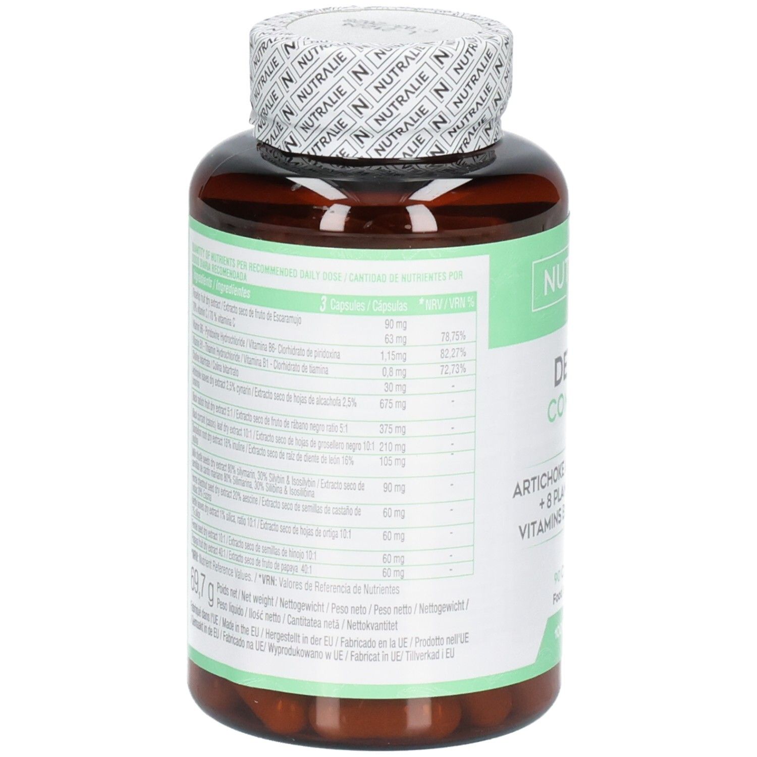 Retro della bottiglia Nutralie Detox Complex con informazioni nutrizionali e ingredienti.