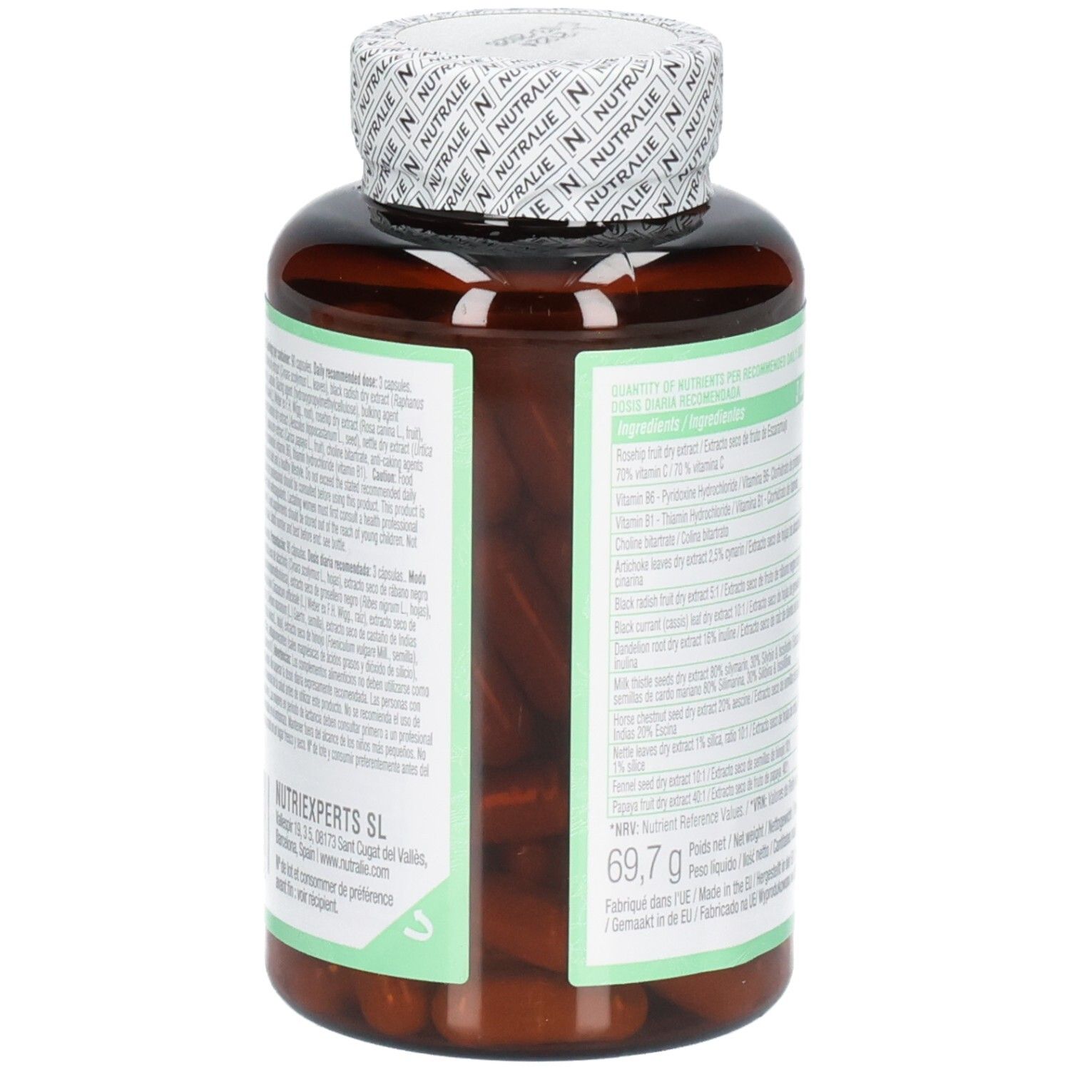 Vista laterale del flacone Nutralie Detox Complex con dettagli sugli ingredienti.