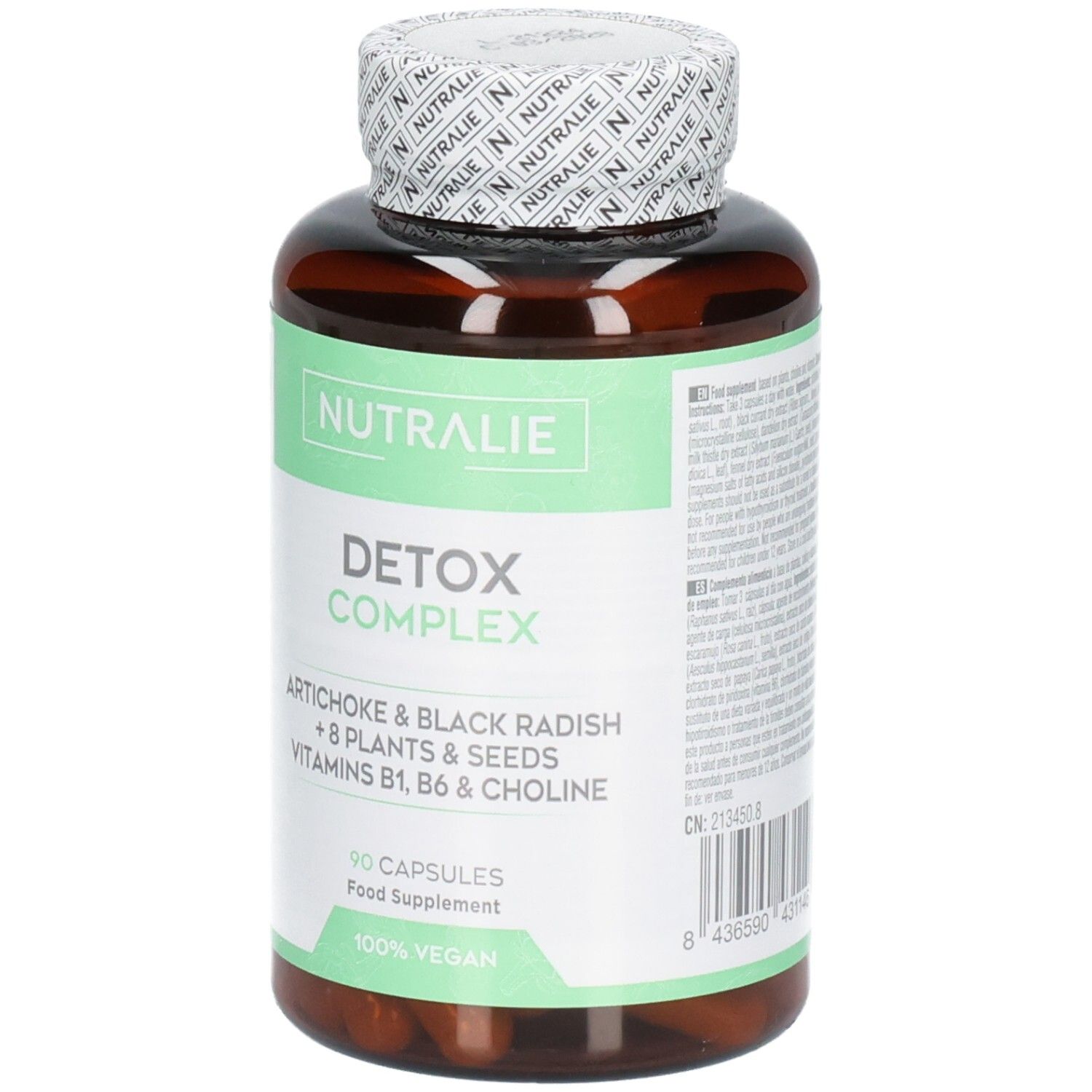 Capsule Nutralie Detox Complex: Flacone marrone da 90 capsule vegane. Carciofo, rafano nero, vitamine B1, B6, colina.