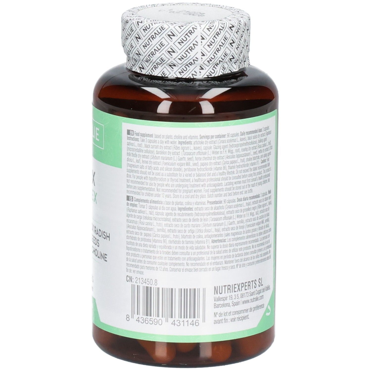 Retro del flacone Nutralie Detox Complex con codice a barre e informazioni del produttore.