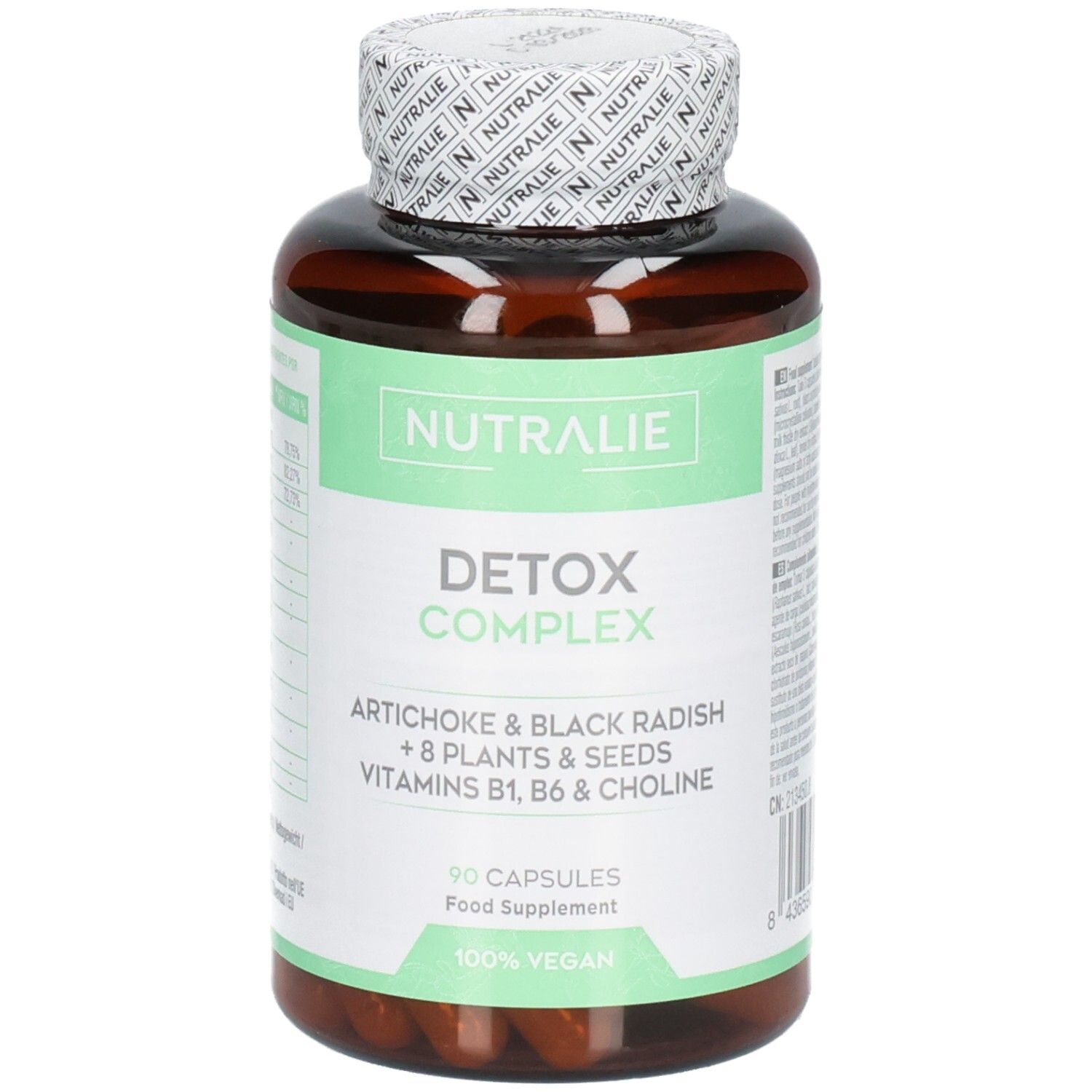 Capsule Nutralie Detox Complex: Flacone marrone da 90 capsule vegane. Carciofo, rafano nero, vitamine B1, B6, colina.