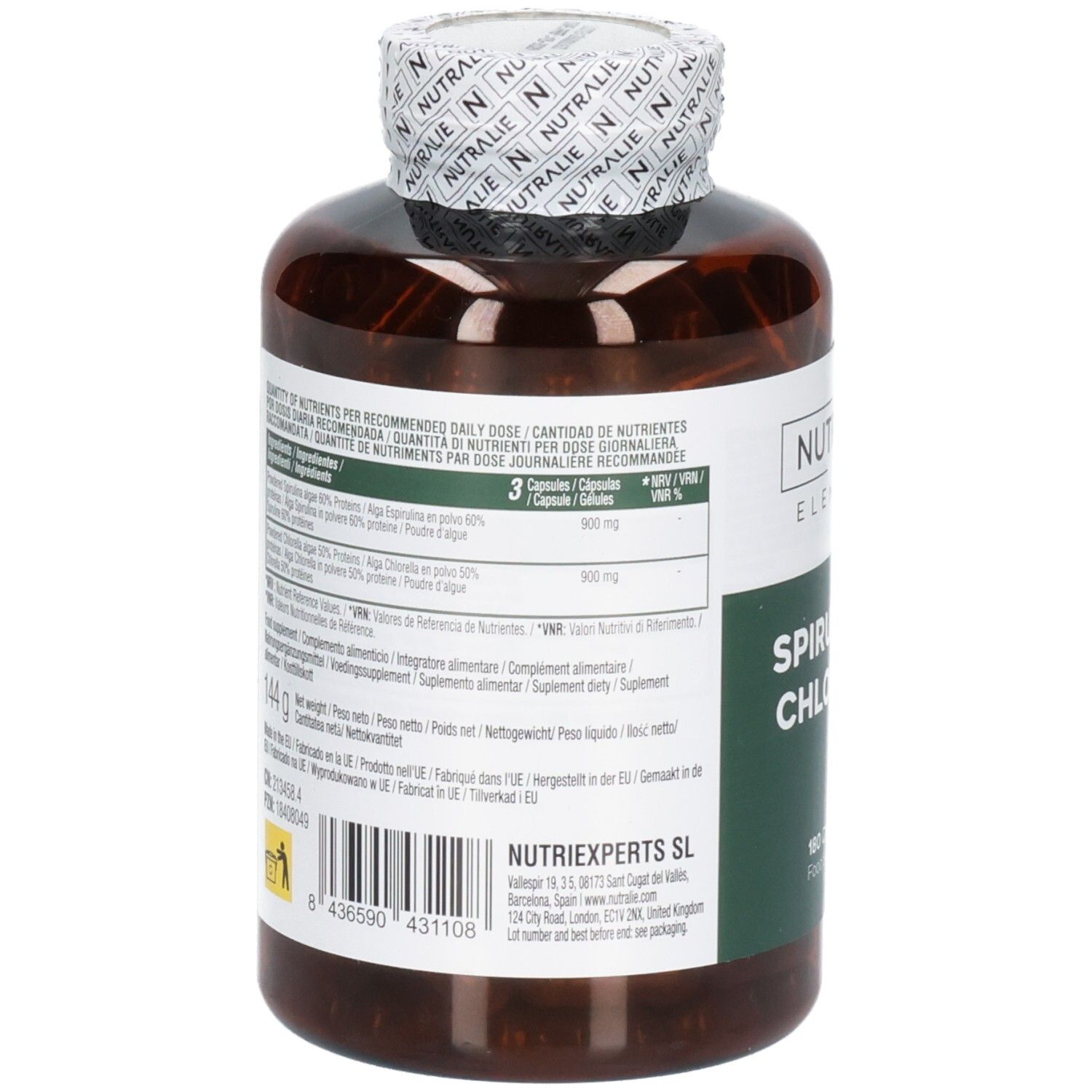 Retro di una bottiglia Nutralie Spirulina & Chlorella con informazioni nutrizionali.