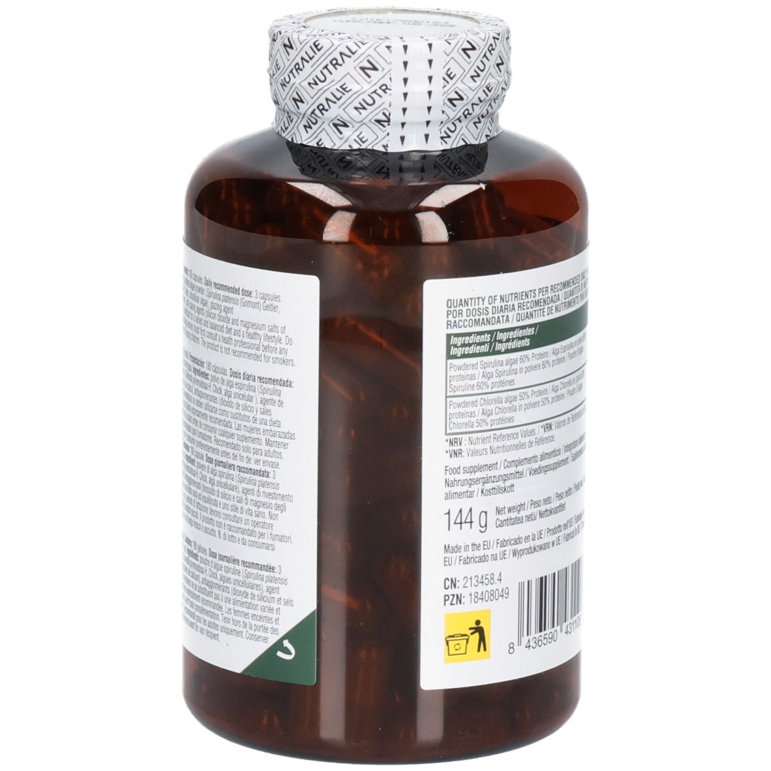 Retro di una bottiglia Nutralie Spirulina & Chlorella con codice a barre e informazioni sul produttore.