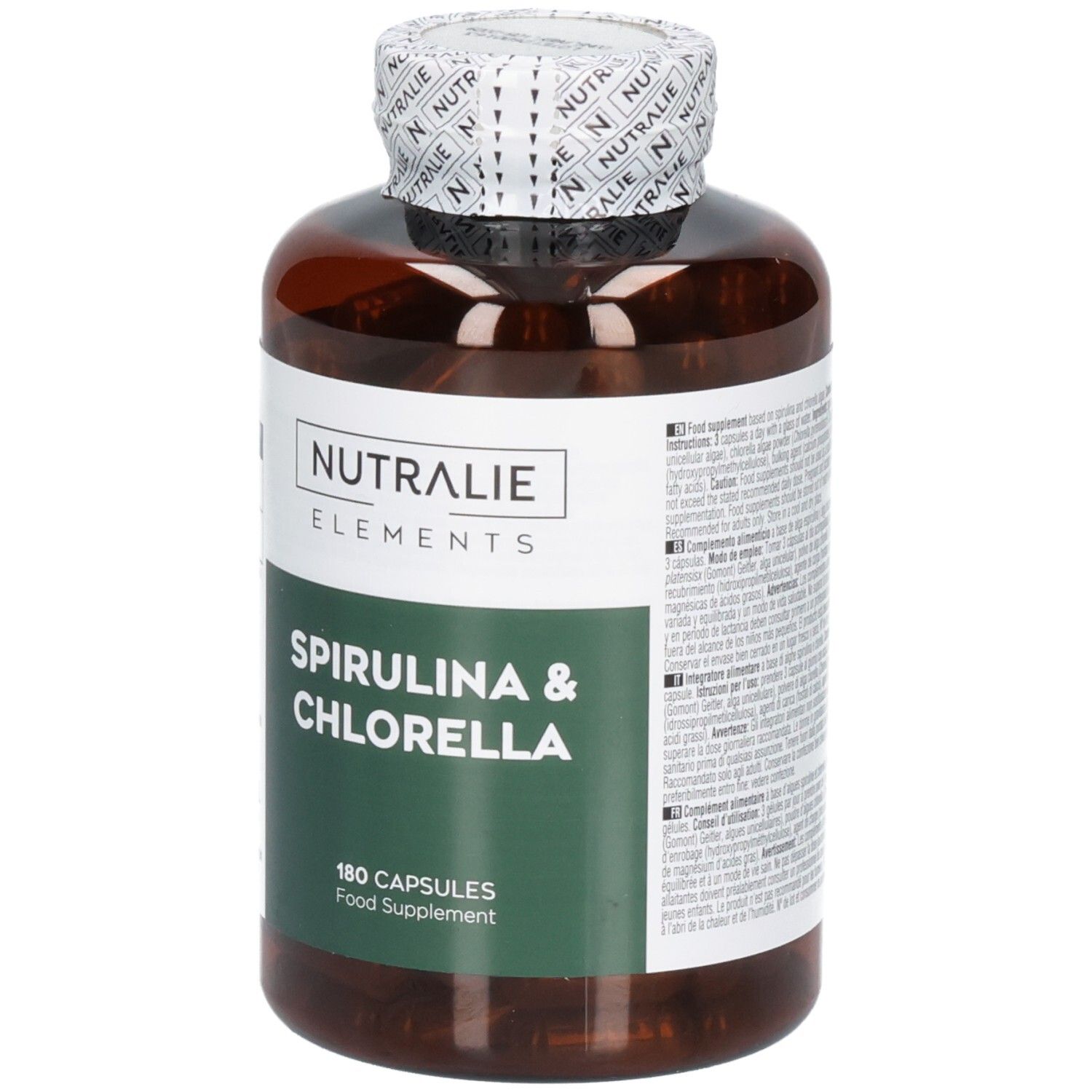 Fronte di una bottiglia Nutralie Spirulina & Chlorella con etichetta, 180 capsule.