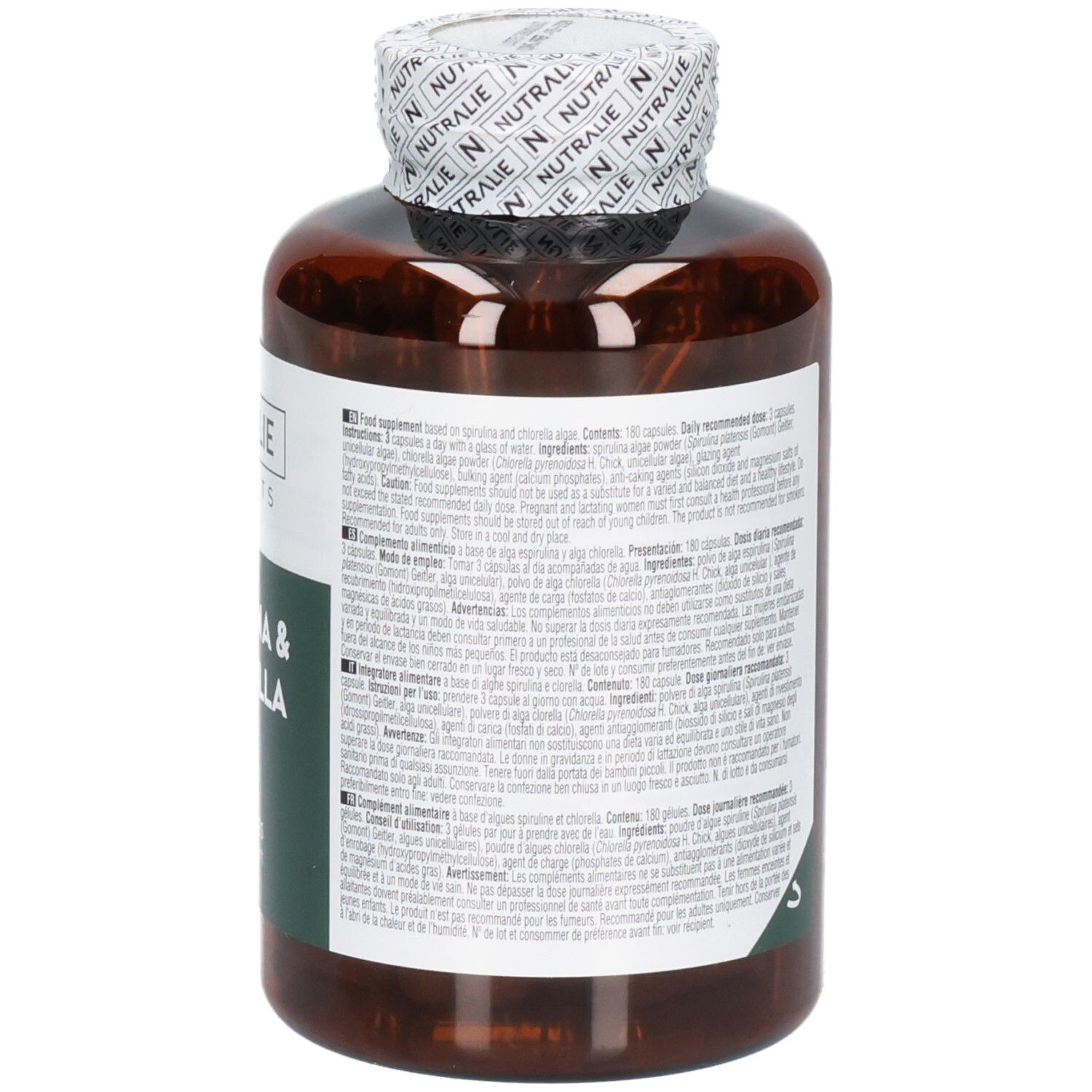 Vista laterale di una bottiglia Nutralie Spirulina & Chlorella con informazioni dettagliate sul prodotto.