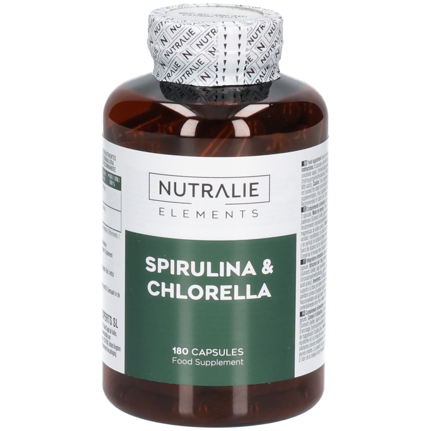 Vista frontale di una bottiglia Nutralie Spirulina & Chlorella, 180 capsule, integratore alimentare.