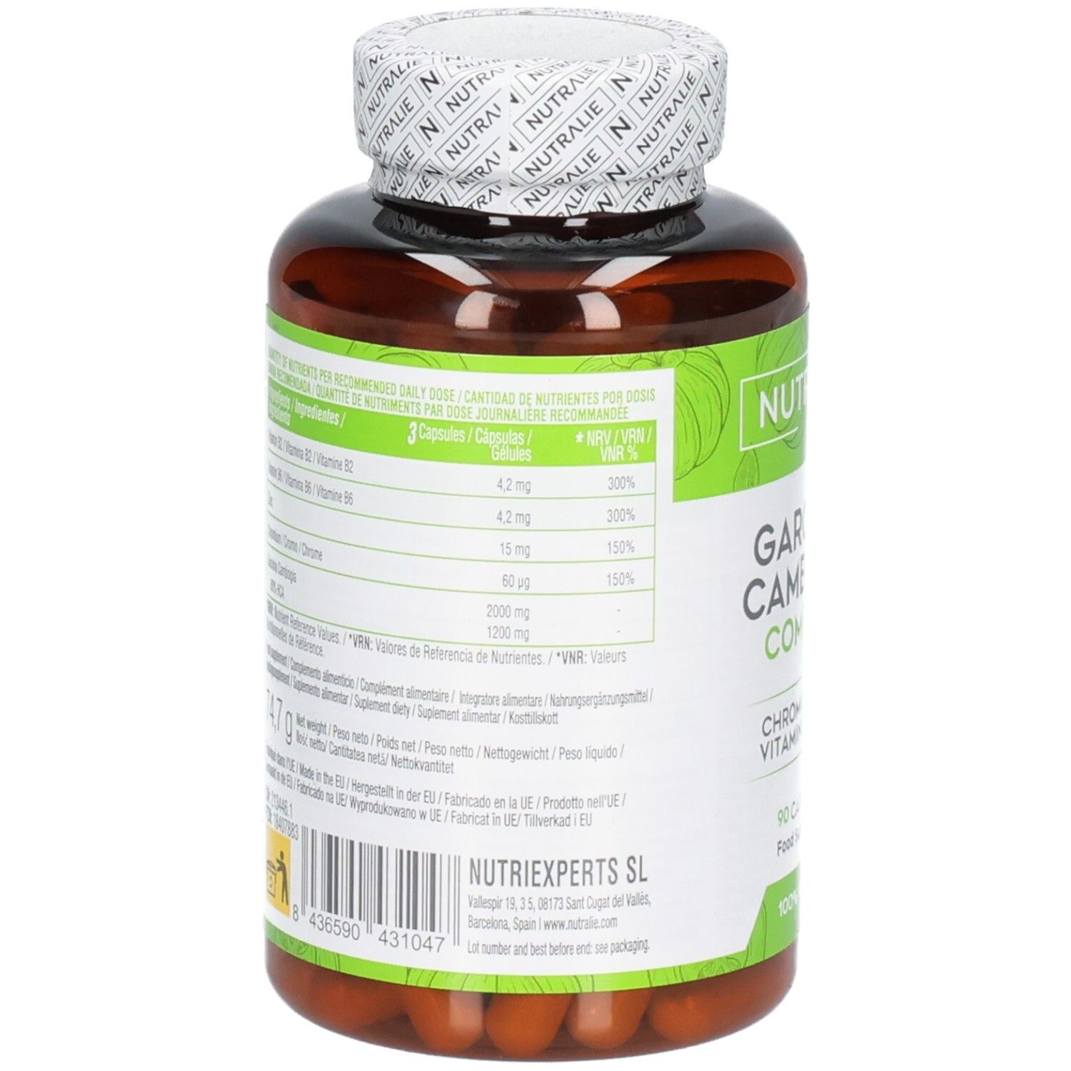 Retro di un contenitore marrone di capsule con etichetta verde: Nutralie Garcinia Cambogia Complex, informazioni nutrizionali, 90 capsule.
