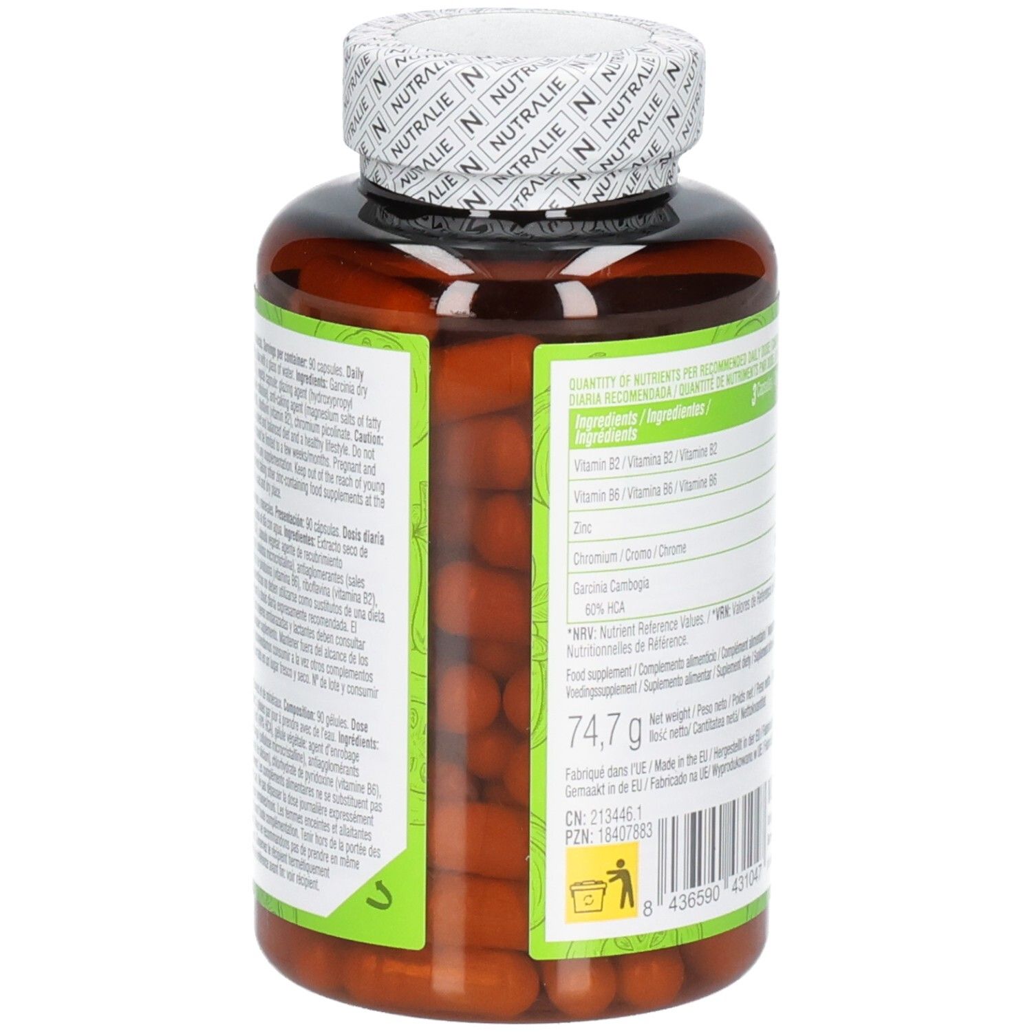 Vista laterale di un contenitore marrone di capsule con etichetta verde: Nutralie Garcinia Cambogia Complex, 90 capsule, 74,7g.