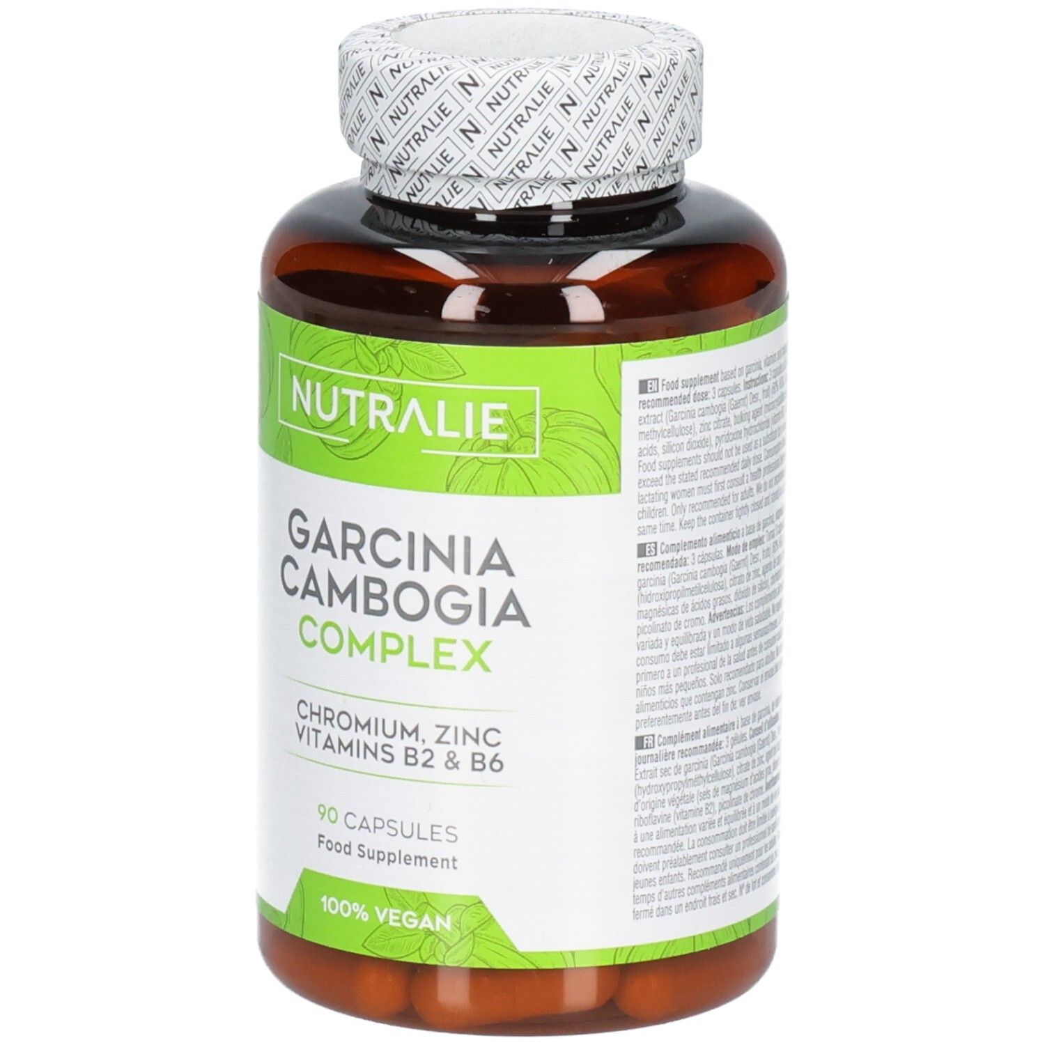 Contenitore marrone di capsule con etichetta verde: Nutralie Garcinia Cambogia Complex, 90 capsule, 100% Vegan.