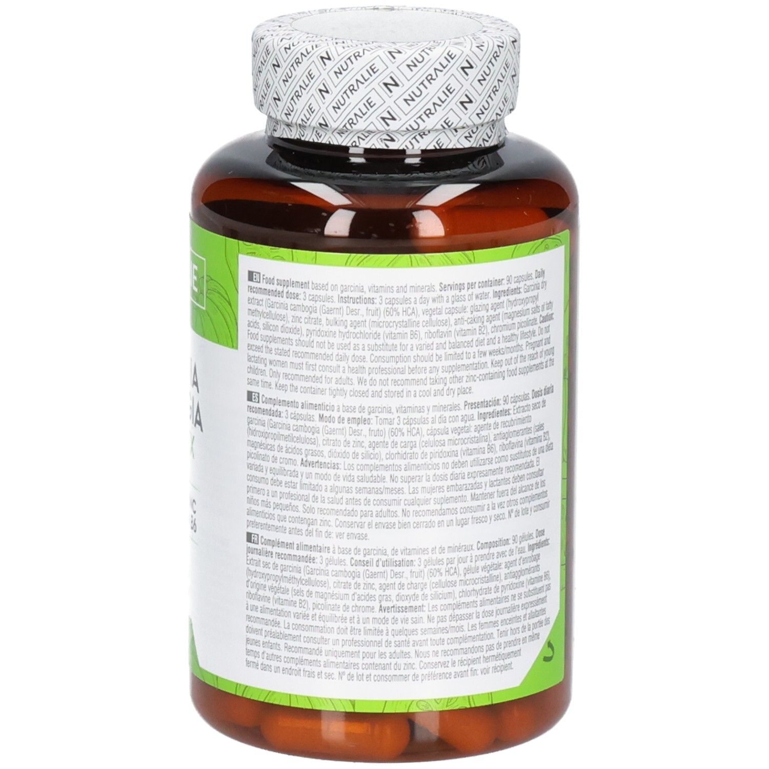 Retro di un contenitore marrone di capsule con etichetta verde: Nutralie Garcinia Cambogia Complex, informazioni nutrizionali, 90 capsule.