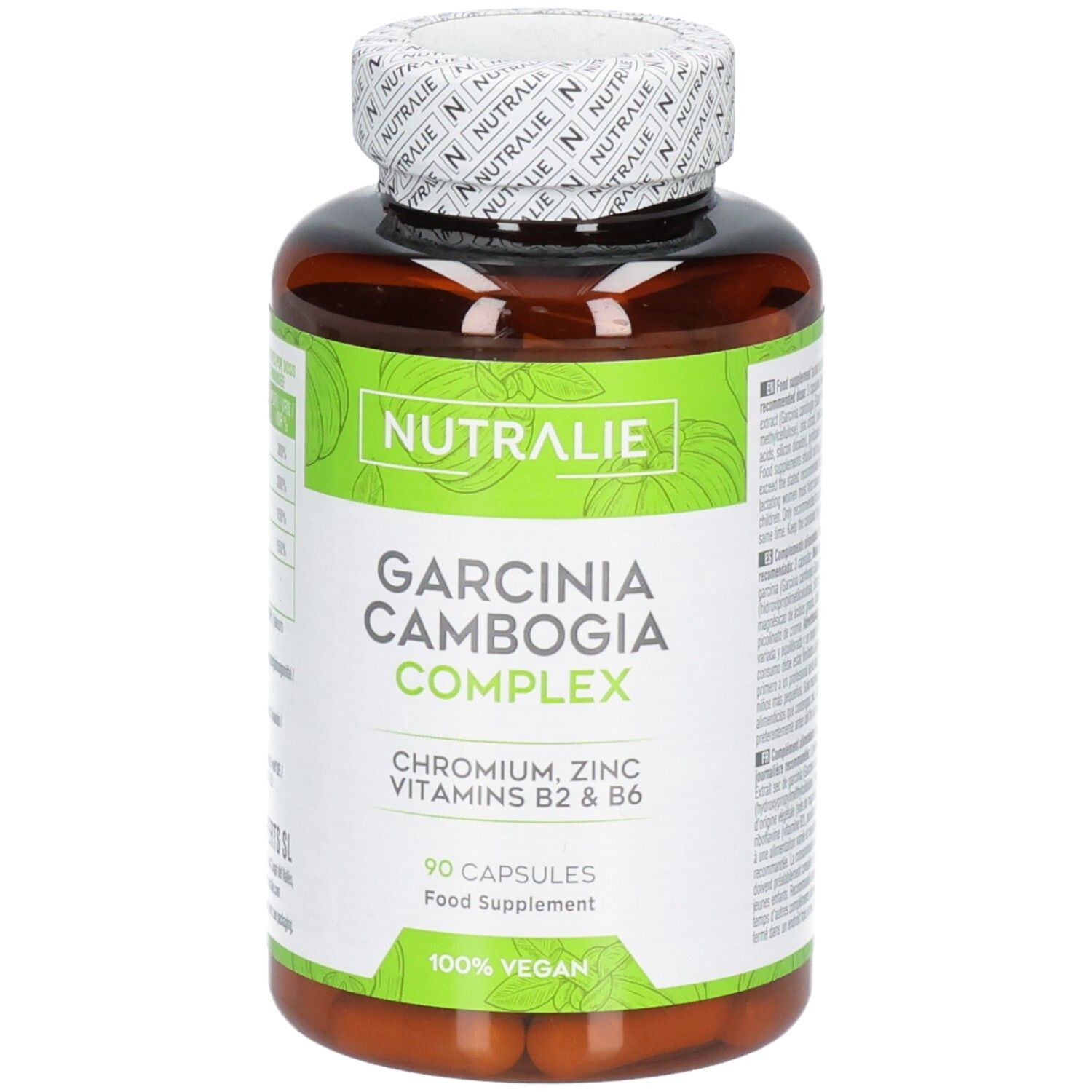 Contenitore marrone di capsule con etichetta verde: Nutralie Garcinia Cambogia Complex, 90 capsule, 100% Vegan.