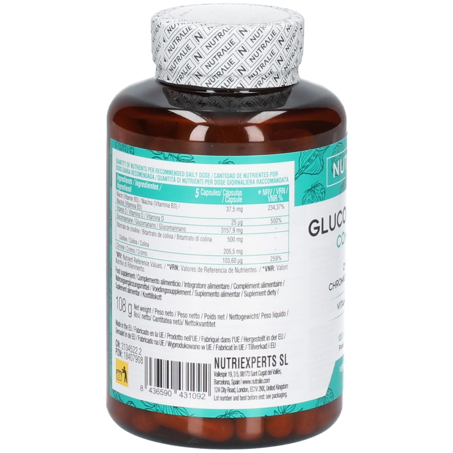 Retro del flacone Nutralie Glucomannan Complex con informazioni nutrizionali.