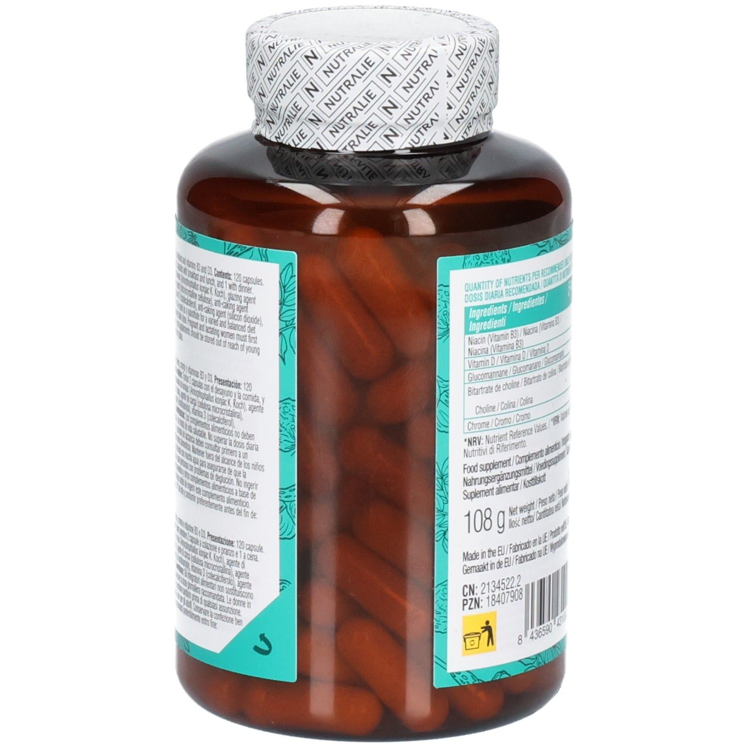 Vista laterale del flacone Nutralie Glucomannan Complex, che mostra le capsule all'interno.