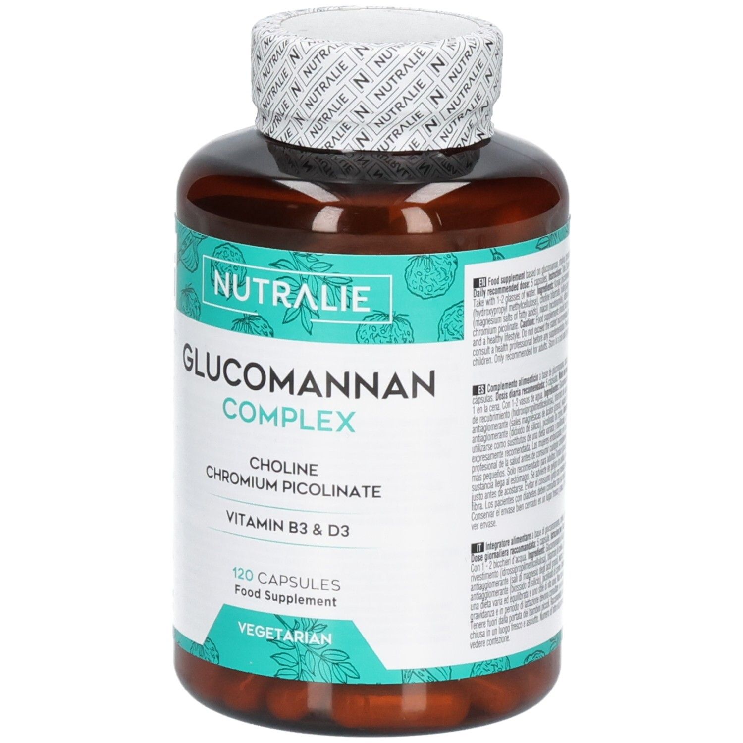 Vista frontale del flacone Nutralie Glucomannan Complex, 120 capsule vegetariane.