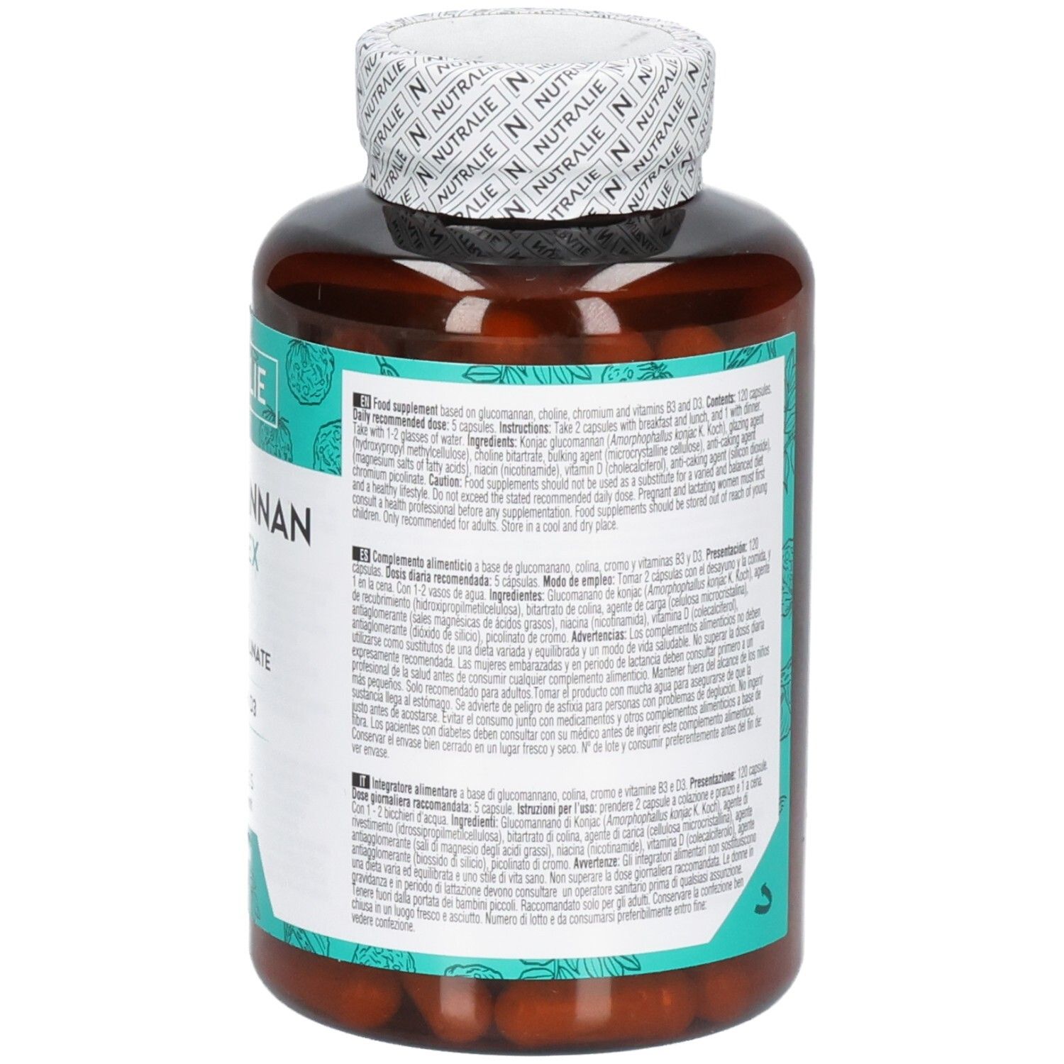 Vista dettagliata delle informazioni nutrizionali sul flacone Nutralie Glucomannan Complex.