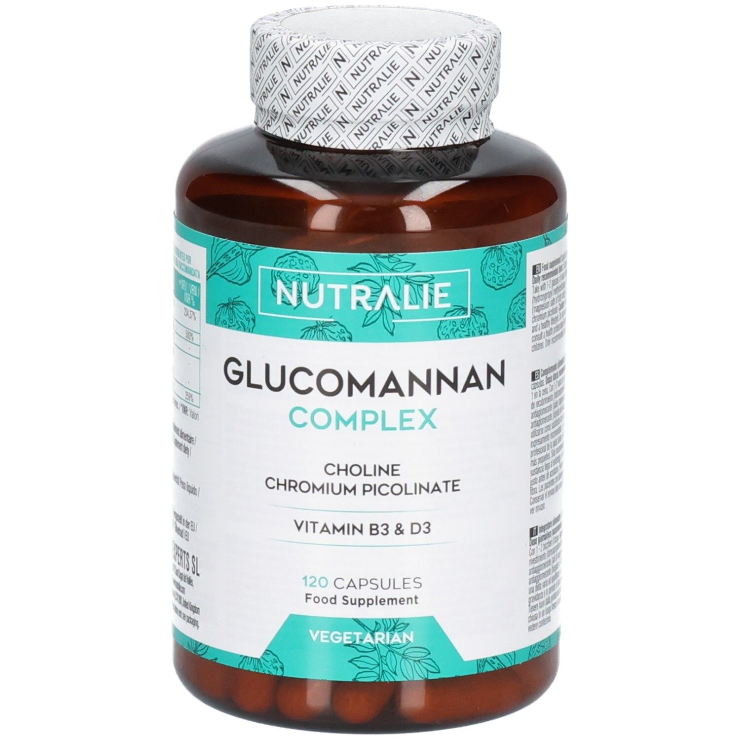 Flacone Nutralie Glucomannan Complex con 120 capsule vegetariane, vista frontale.