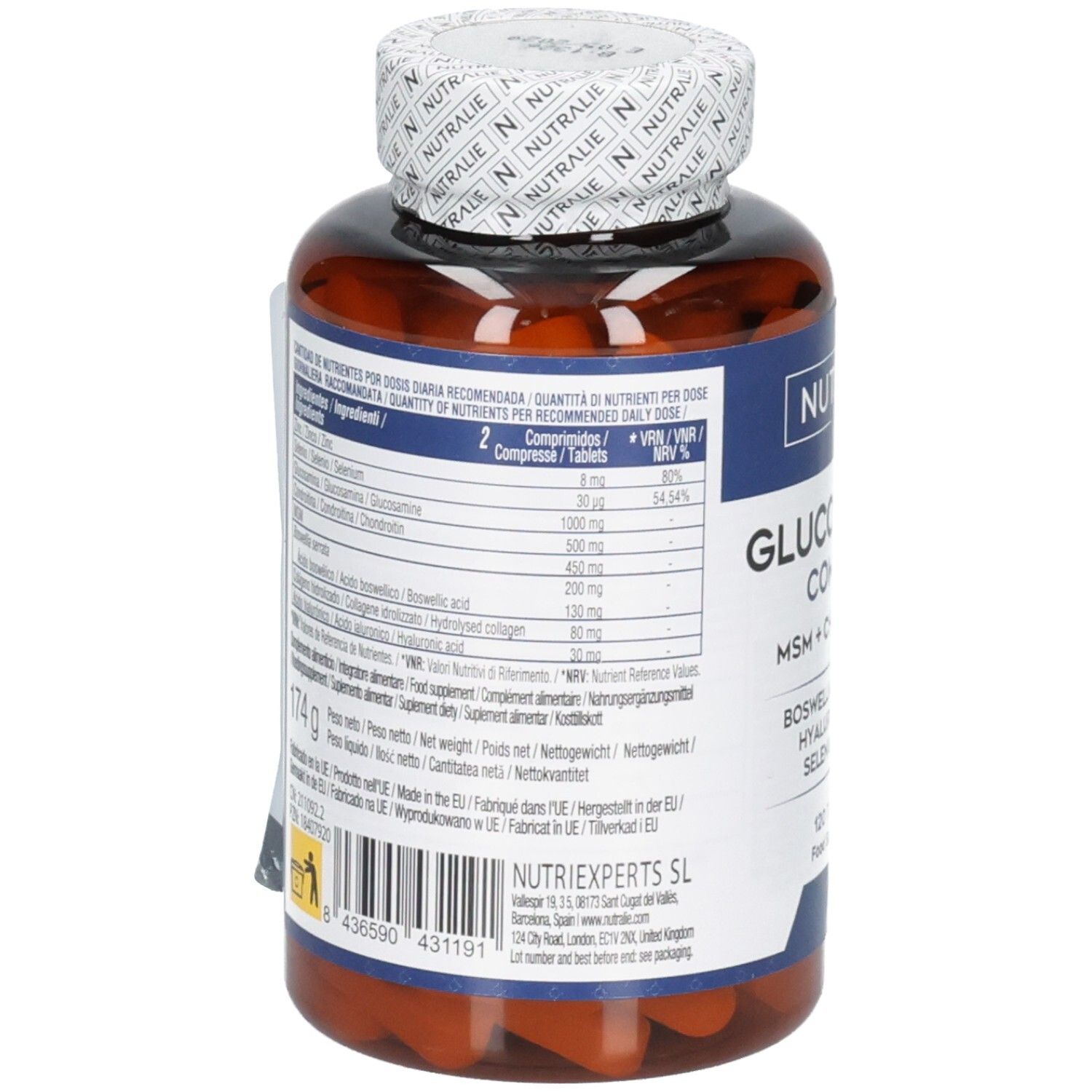 Nutralie Glucosamine Complex: Retro della bottiglia con informazioni nutrizionali e ingredienti. 120 compresse.