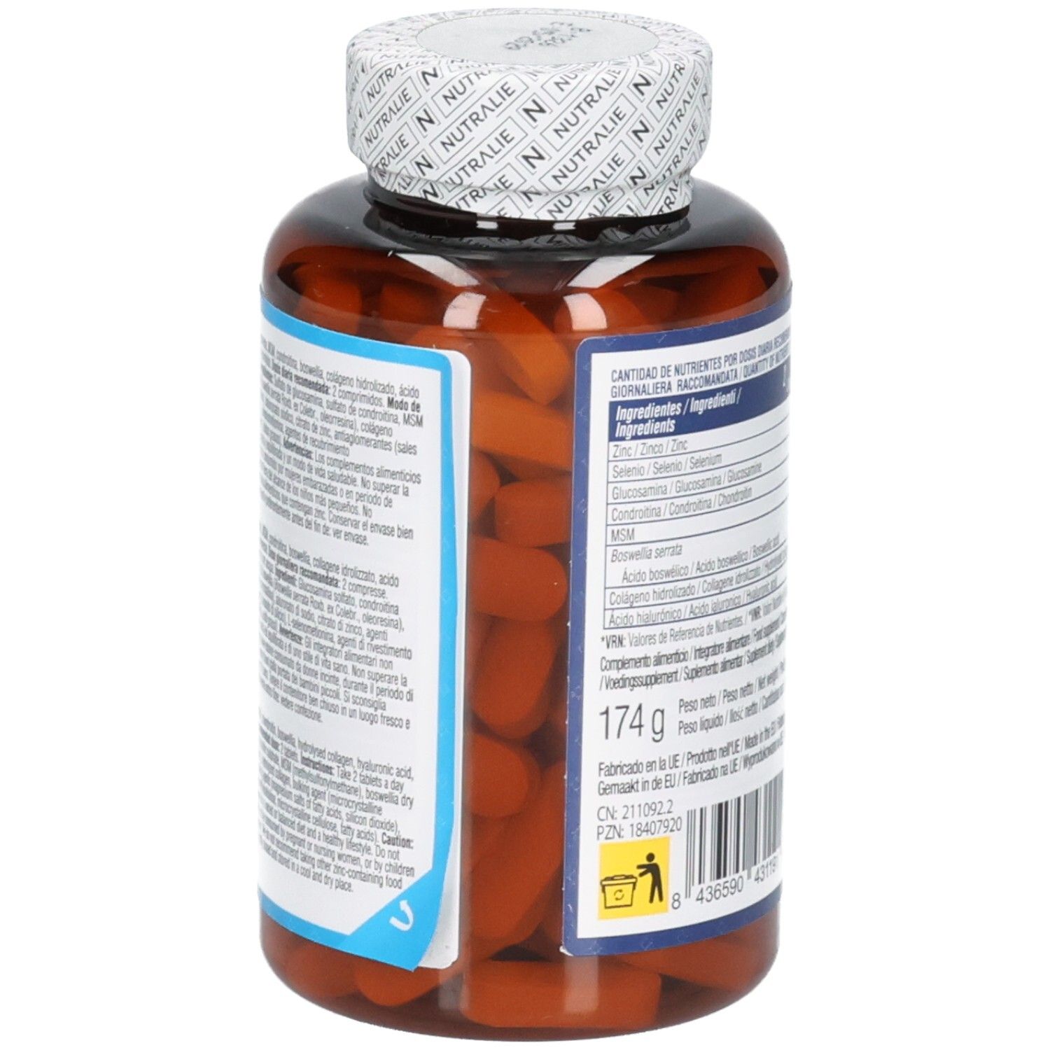Nutralie Glucosamine Complex: Vista laterale del flacone con informazioni nutrizionali e ingredienti. 120 compresse.