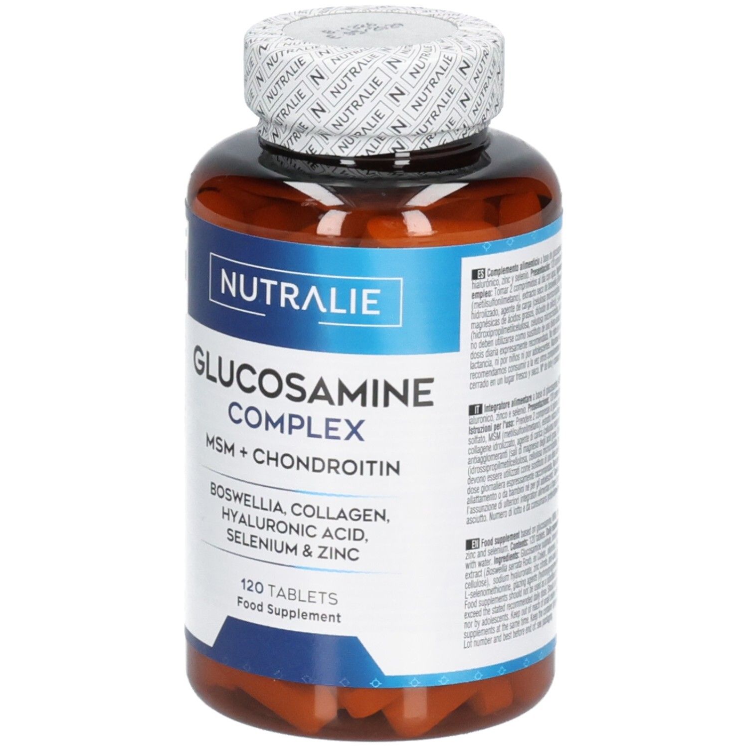 Nutralie Glucosamine Complex: Flacone marrone da 120 compresse. Contiene MSM, Condroitina, Boswellia, Collagene, Acido Ialuronico, Selenio & Zinco.